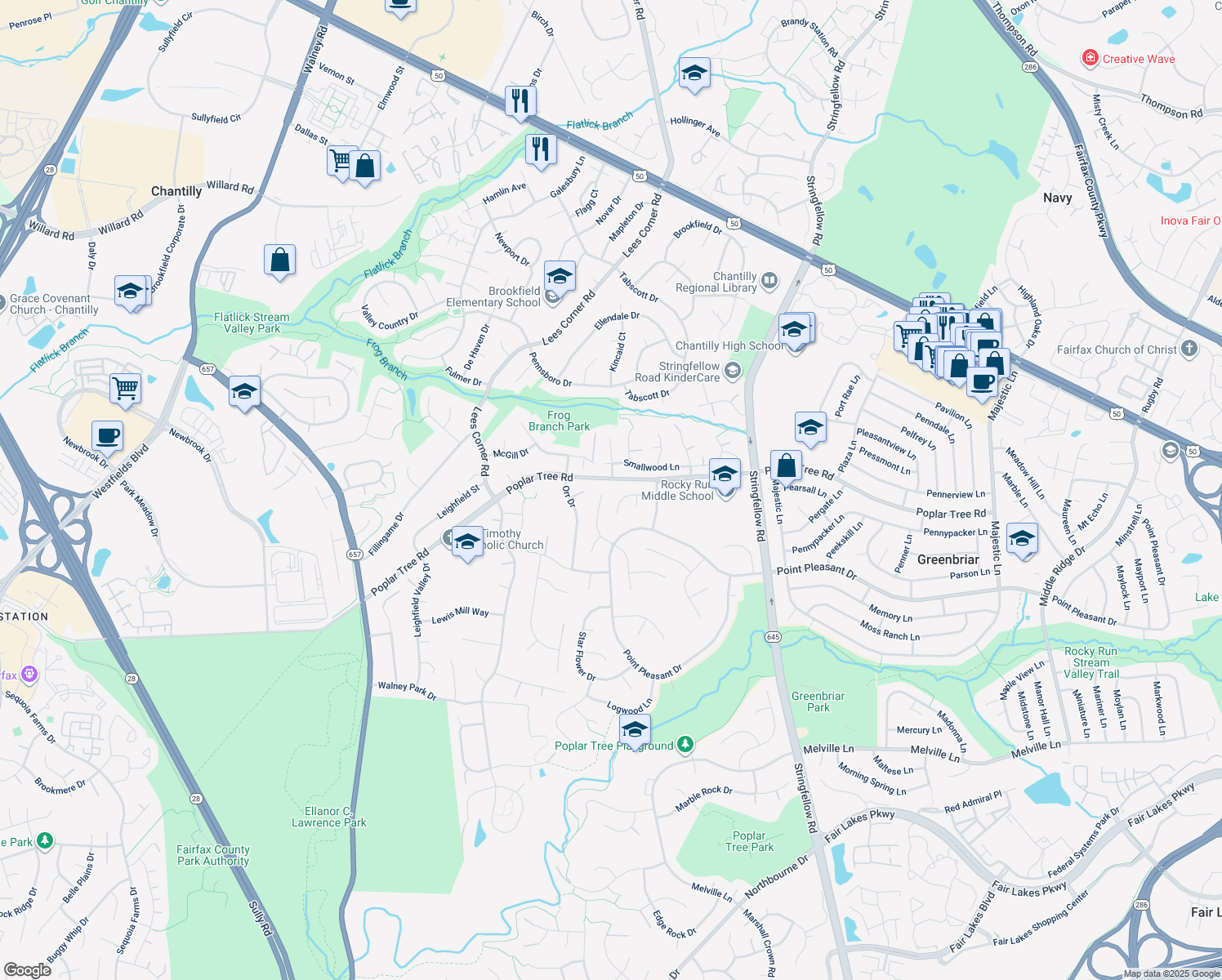 map of restaurants, bars, coffee shops, grocery stores, and more near 4403 Woods Edge Court in Chantilly