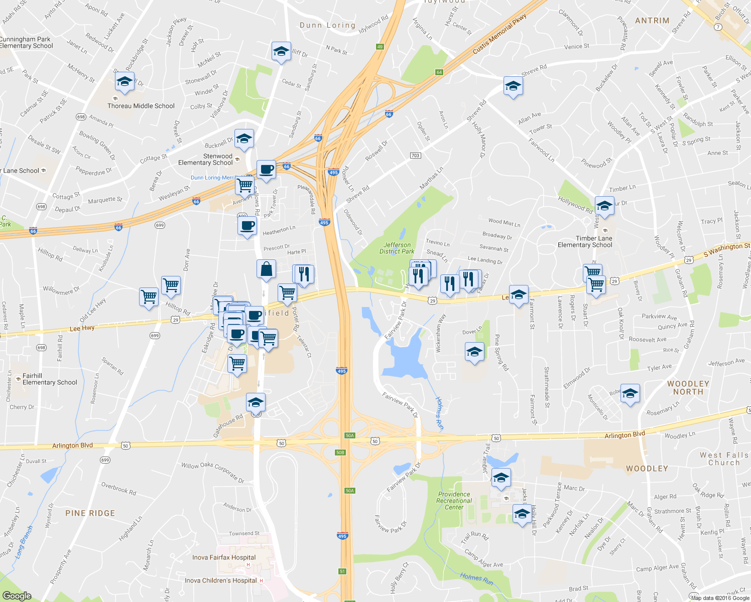 map of restaurants, bars, coffee shops, grocery stores, and more near 7971 Yancey Drive in Falls Church