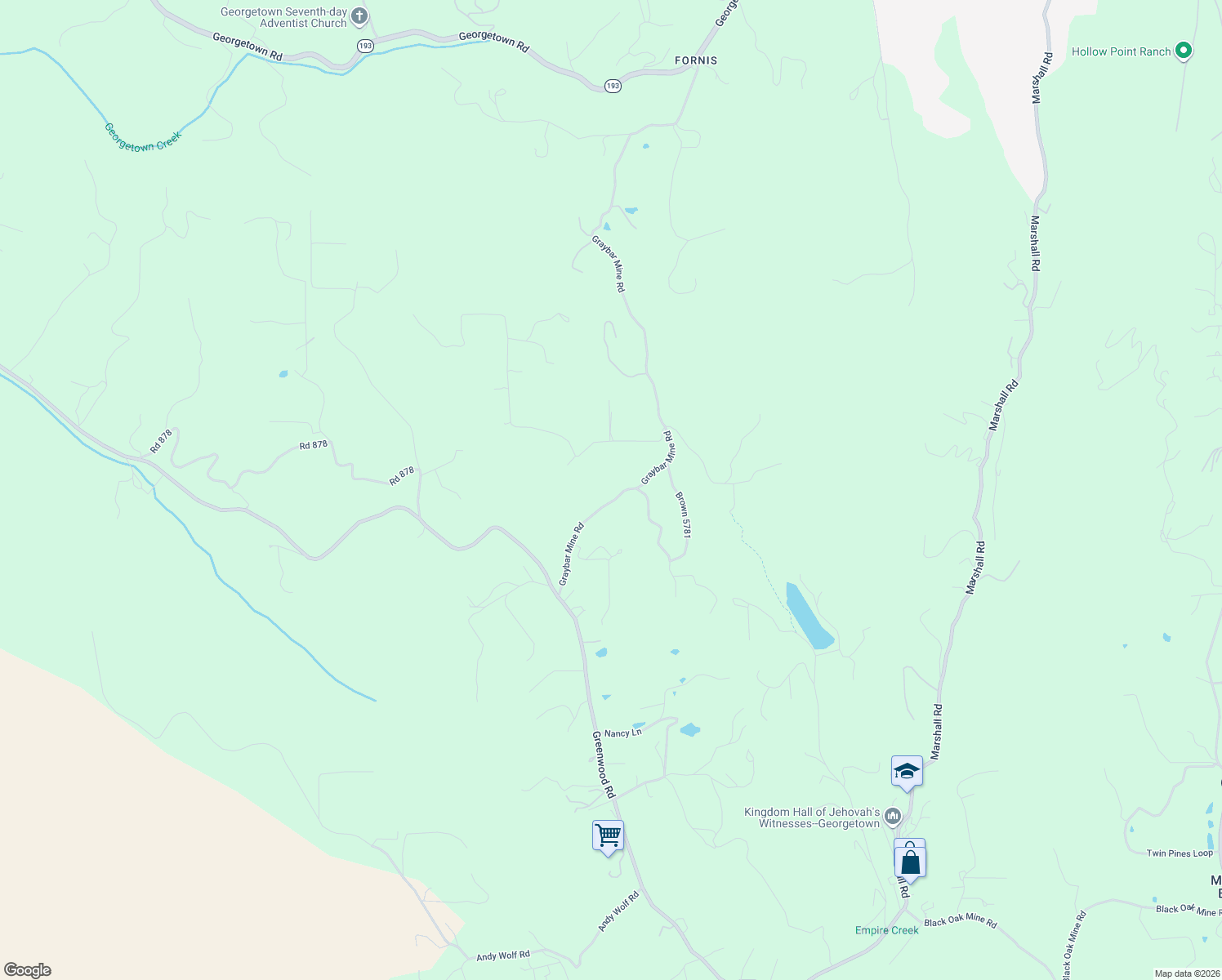 map of restaurants, bars, coffee shops, grocery stores, and more near 3620 Graybar Mine Road in Garden Valley