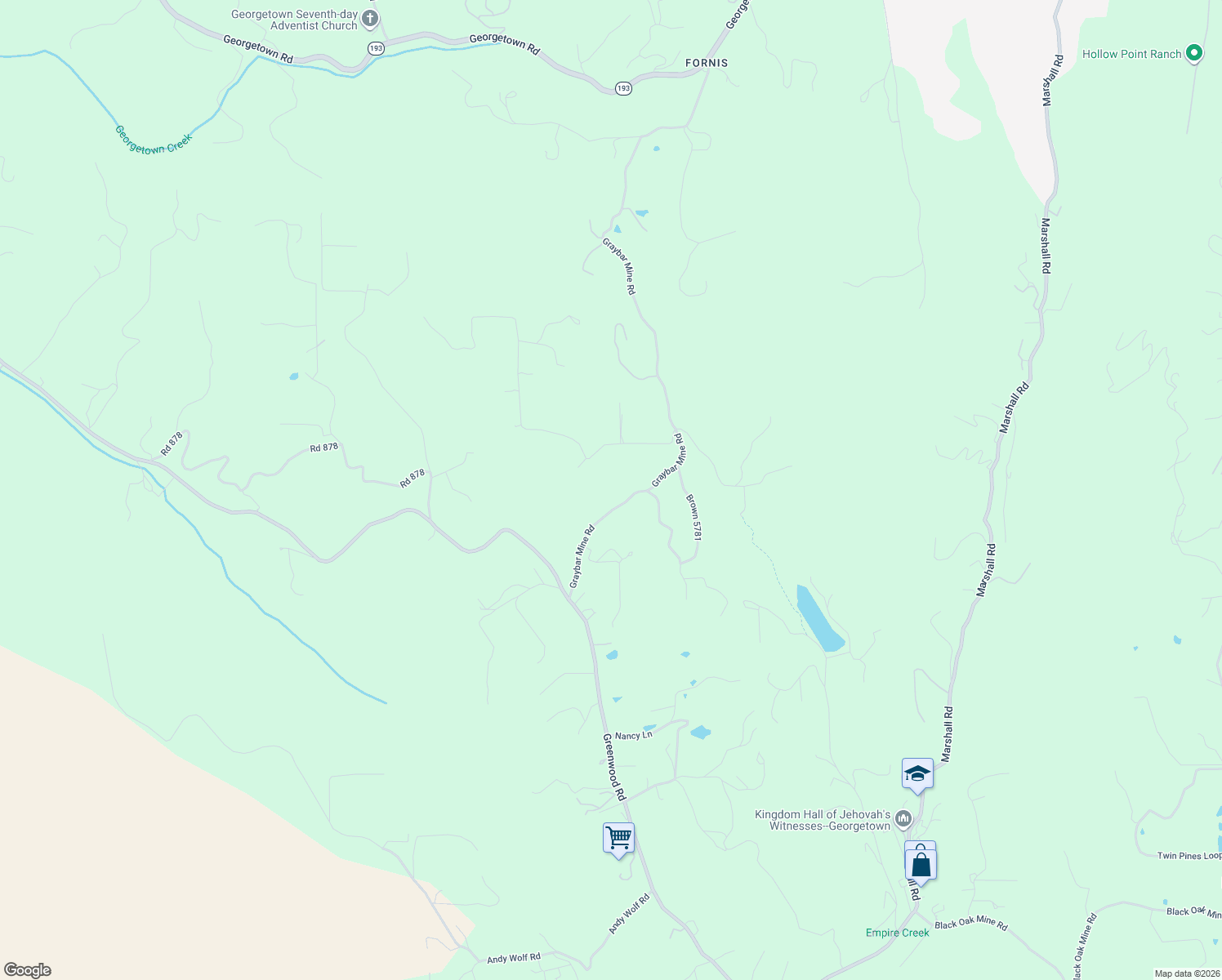 map of restaurants, bars, coffee shops, grocery stores, and more near 3620 Graybar Mine Road in Garden Valley