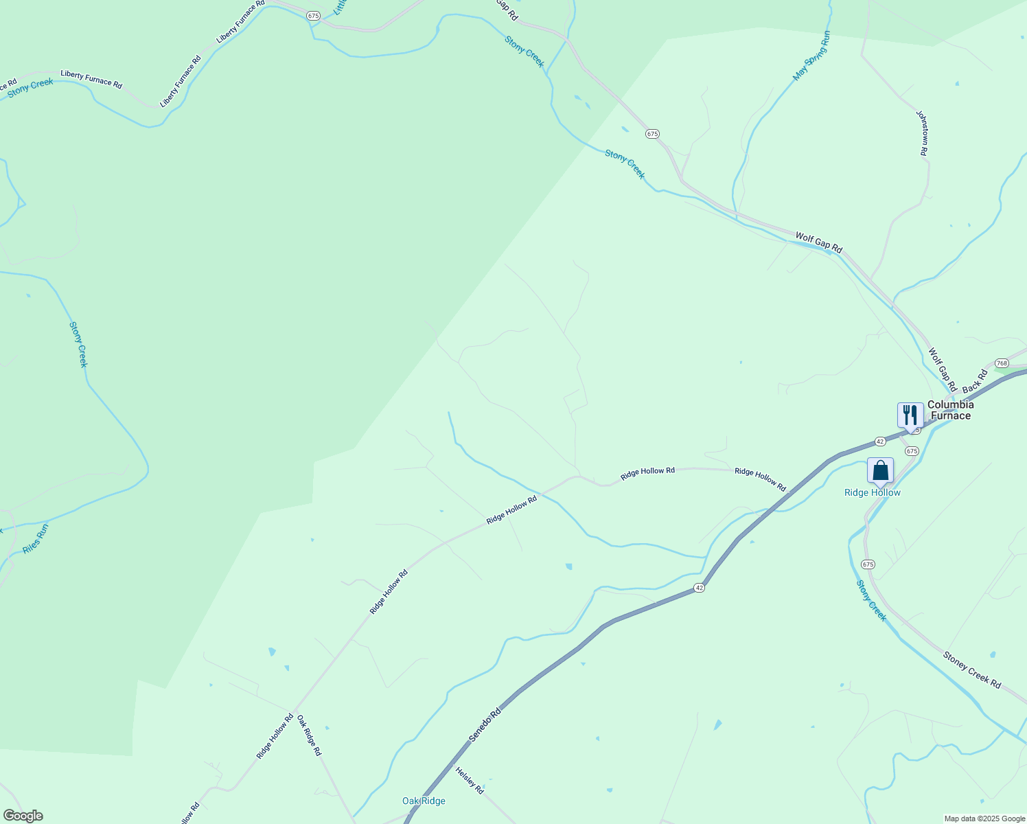 map of restaurants, bars, coffee shops, grocery stores, and more near Three Mile Bank Lane in Shenandoah County