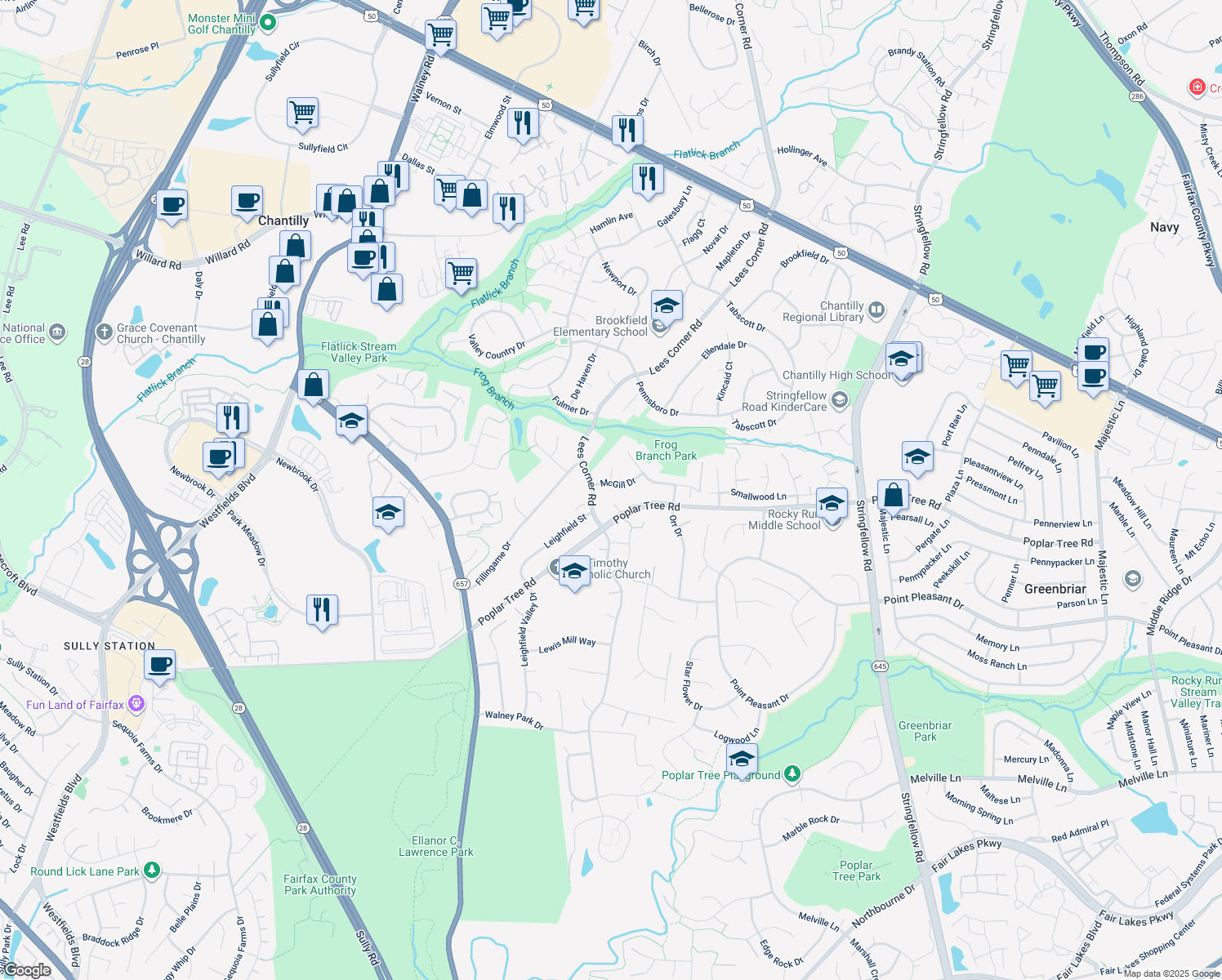 map of restaurants, bars, coffee shops, grocery stores, and more near 13717 McGill Dr in Chantilly