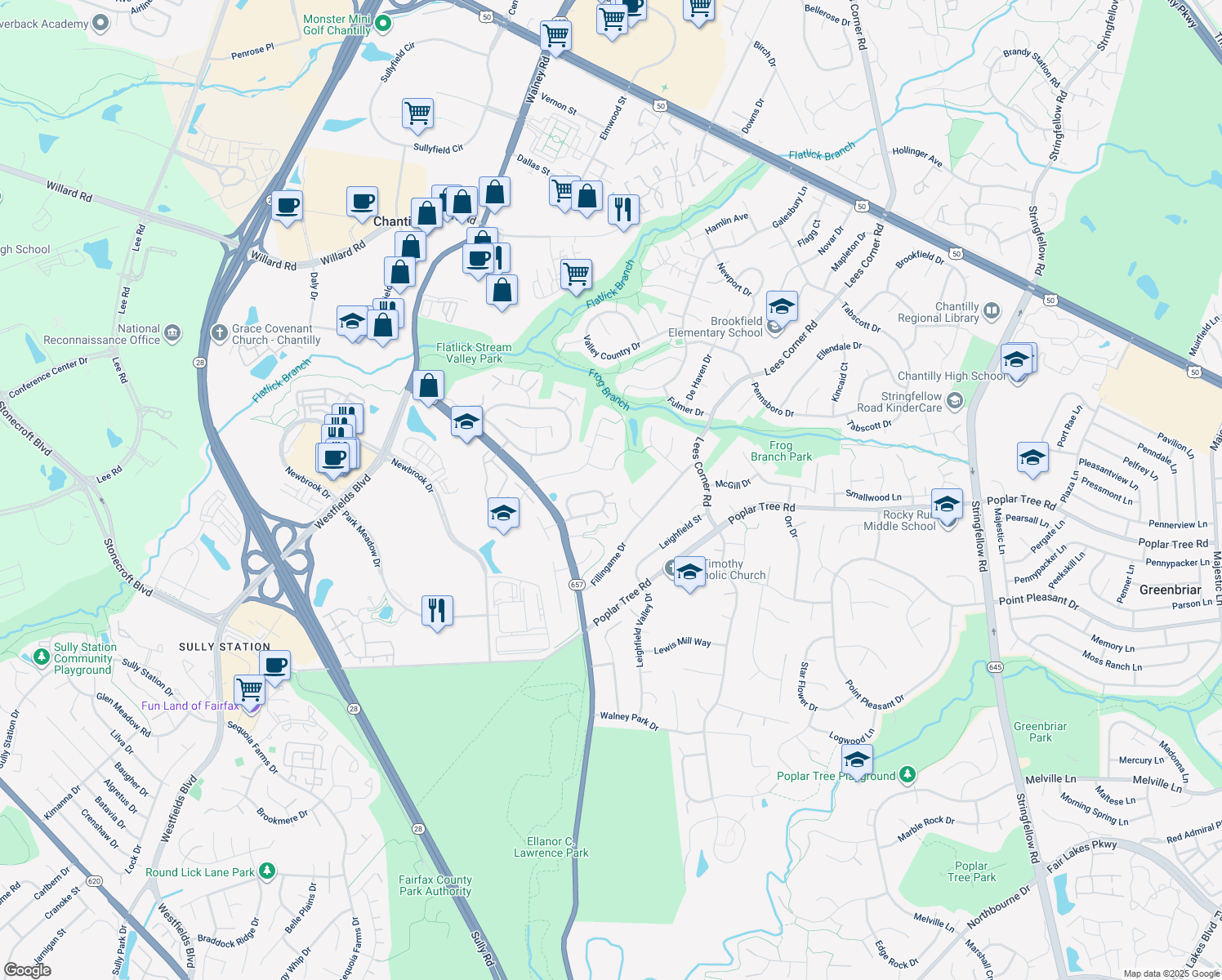 map of restaurants, bars, coffee shops, grocery stores, and more near 13926 Leeton Cir in Chantilly