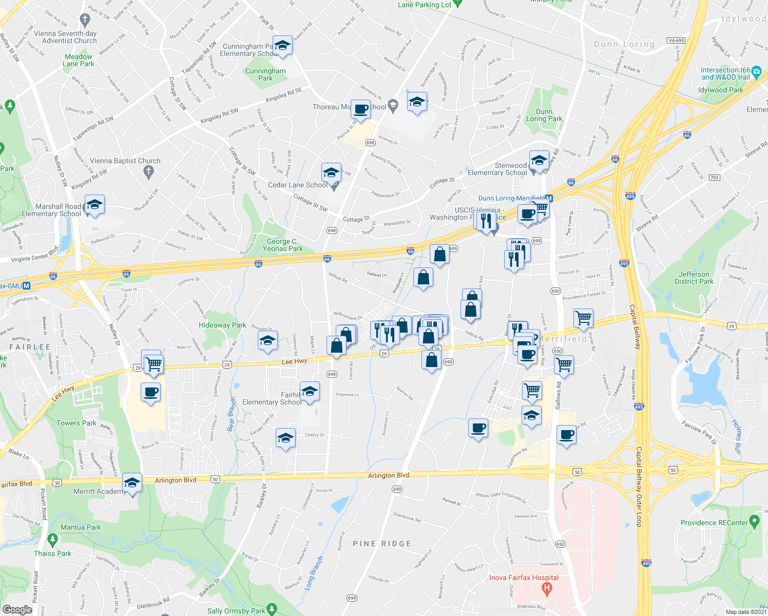 map of restaurants, bars, coffee shops, grocery stores, and more near 2807 Evelyn Court in Vienna