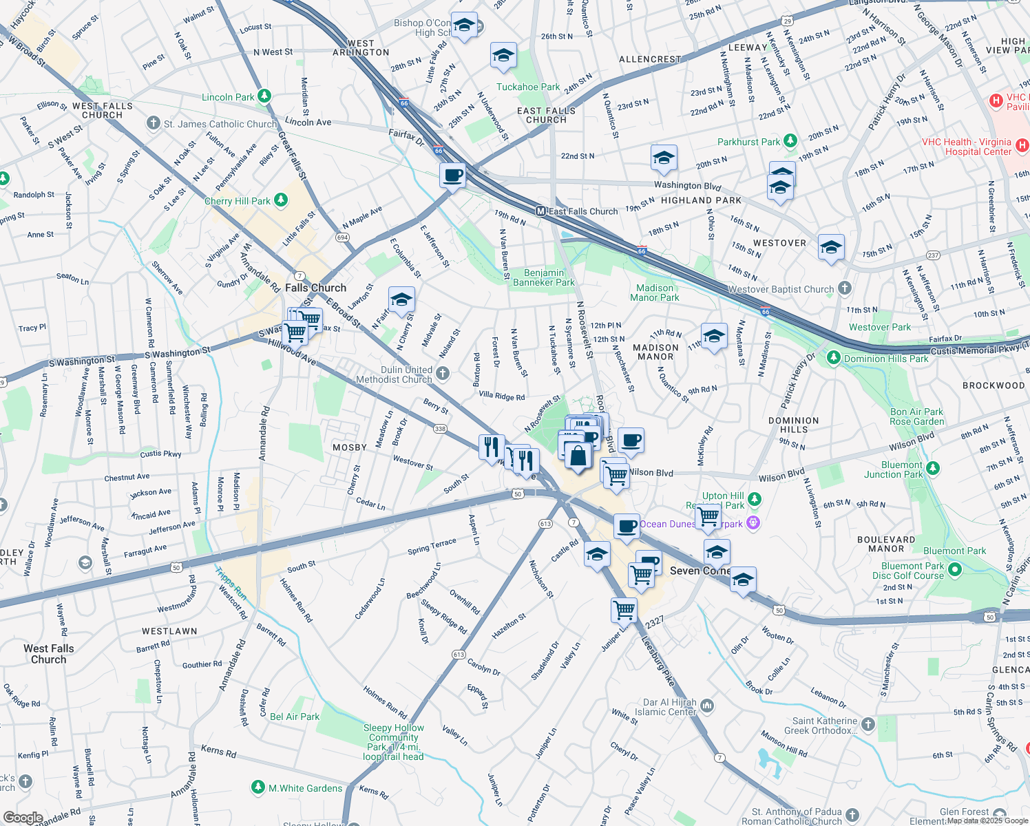 map of restaurants, bars, coffee shops, grocery stores, and more near 811 Ridge Pl in Falls Church