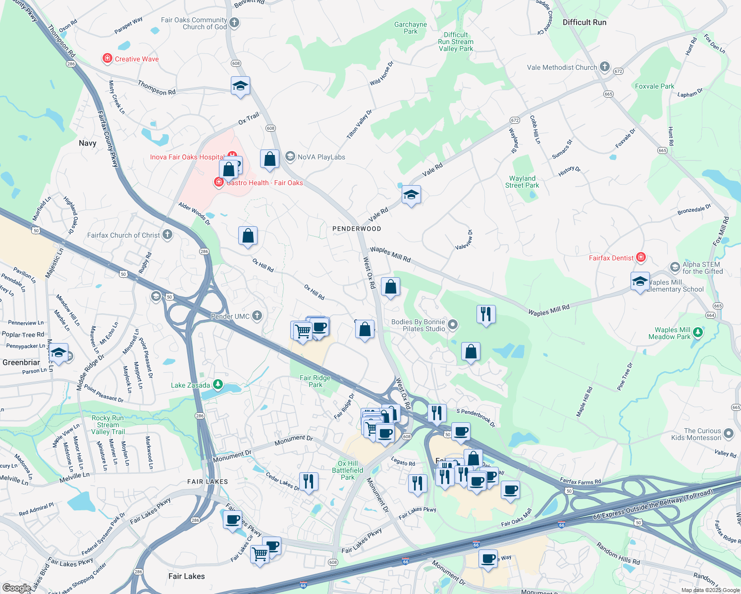 map of restaurants, bars, coffee shops, grocery stores, and more near 12265 Harbor Town Circle in Fairfax