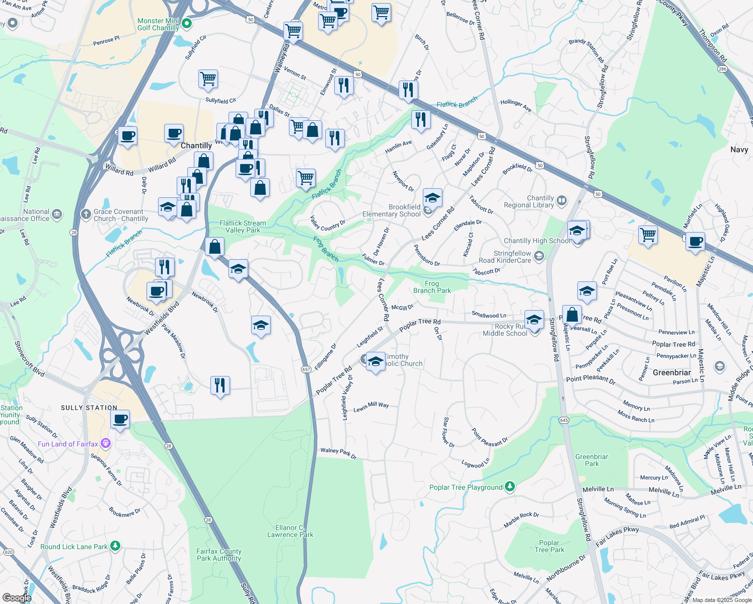 map of restaurants, bars, coffee shops, grocery stores, and more near 4503 Fillingame Drive in Chantilly