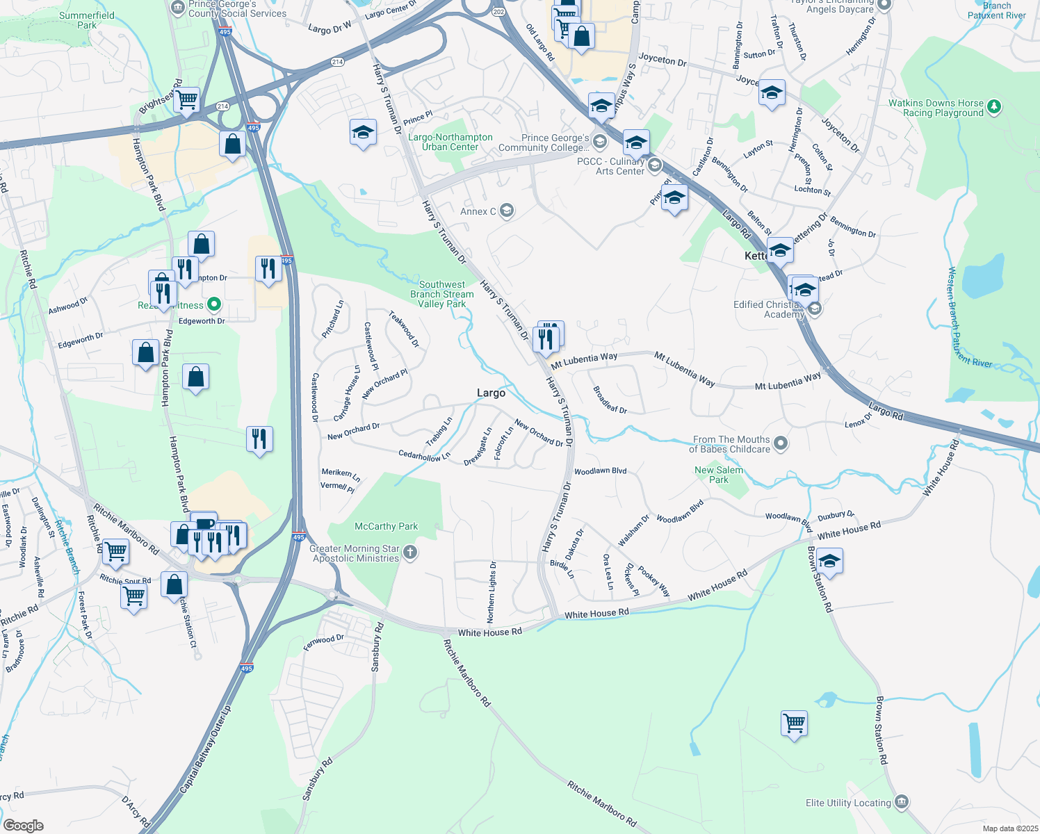 map of restaurants, bars, coffee shops, grocery stores, and more near 10200 New Orchard Drive in Upper Marlboro