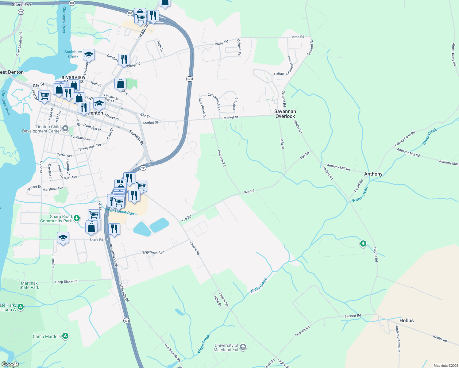 map of restaurants, bars, coffee shops, grocery stores, and more near 9820 Pearson Road in Denton