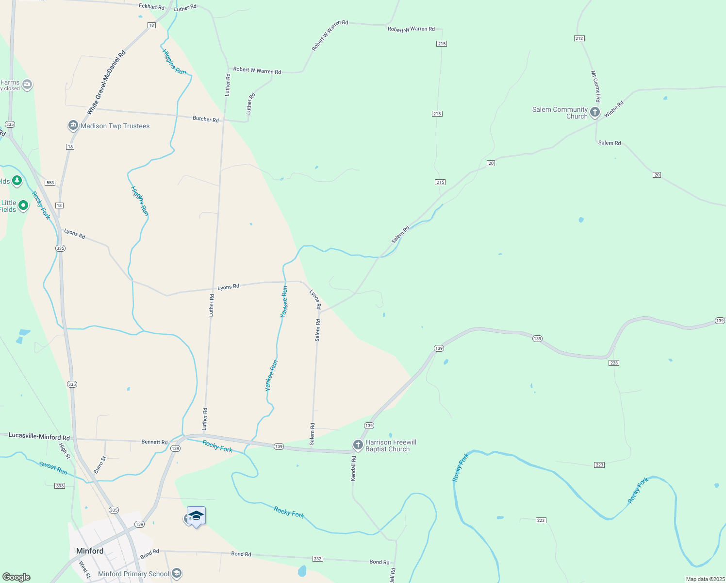 map of restaurants, bars, coffee shops, grocery stores, and more near 896 Salem Road in Minford