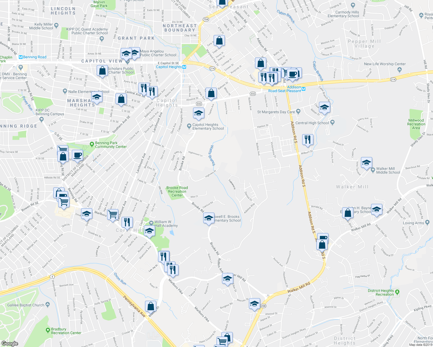 map of restaurants, bars, coffee shops, grocery stores, and more near 5607 Prescott Court in Capitol Heights