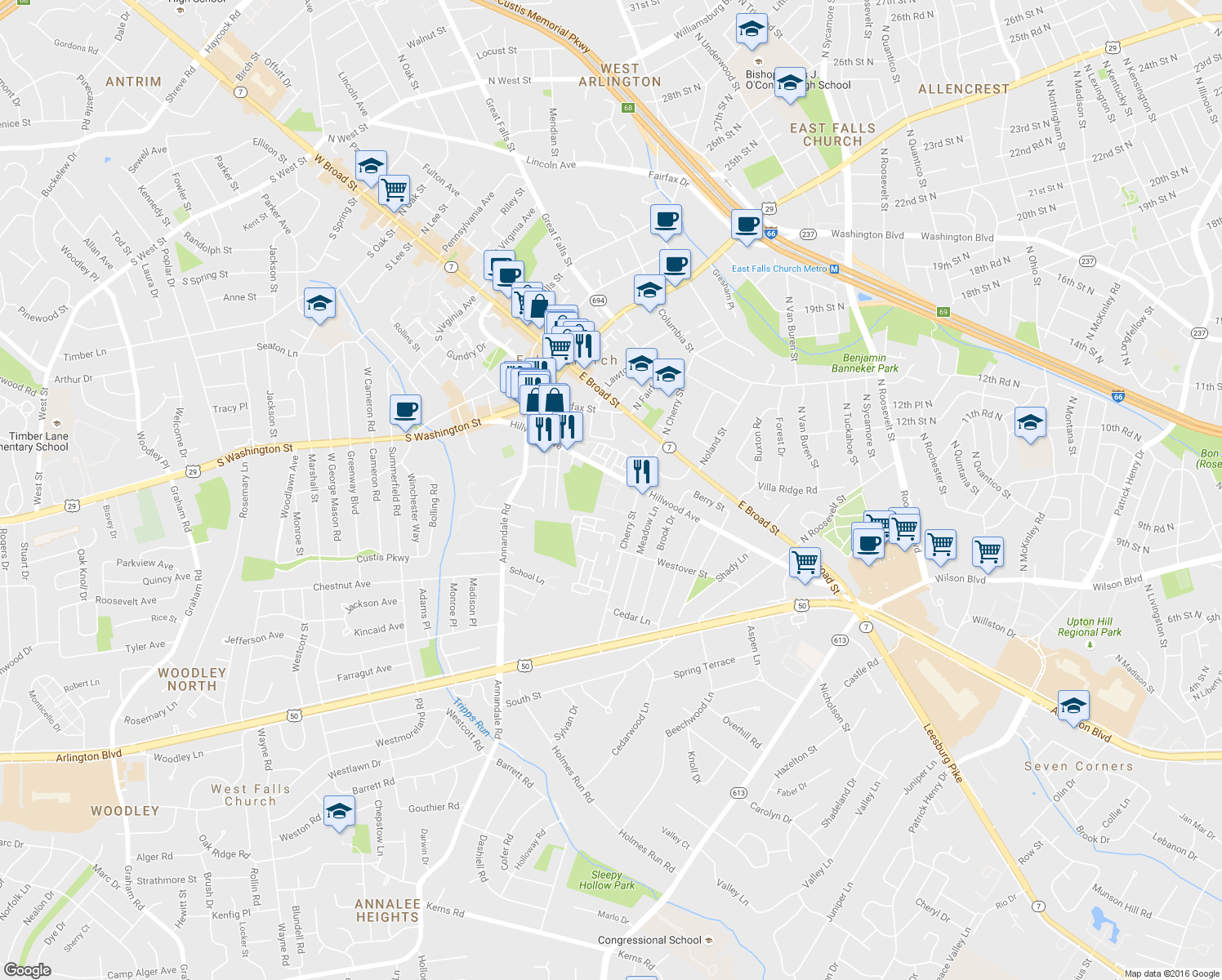 map of restaurants, bars, coffee shops, grocery stores, and more near 6565 Flagmaker Court in Falls Church