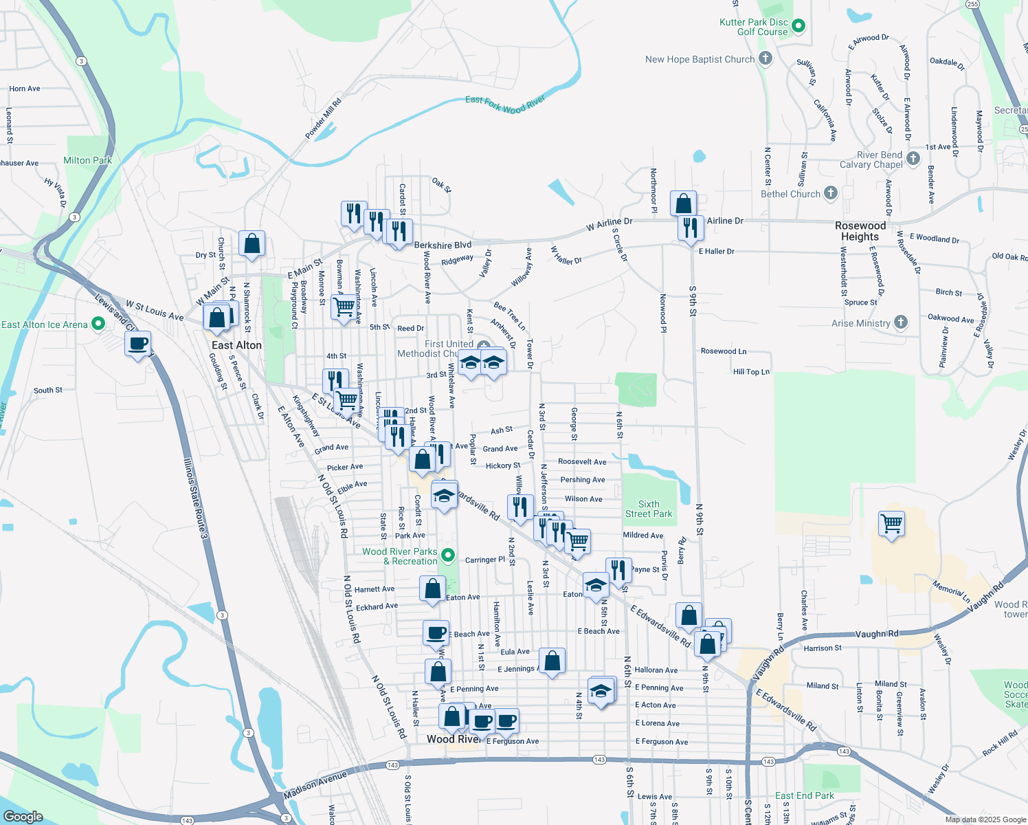 map of restaurants, bars, coffee shops, grocery stores, and more near 159 Red Bud Drive in Wood River