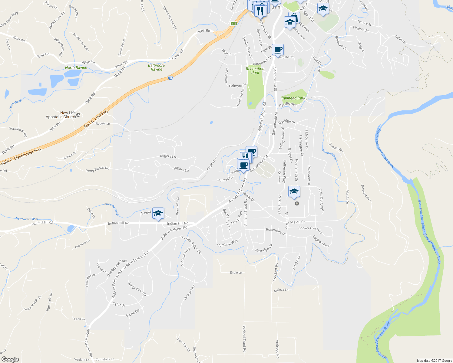 map of restaurants, bars, coffee shops, grocery stores, and more near 12020 Norman Lane in Auburn