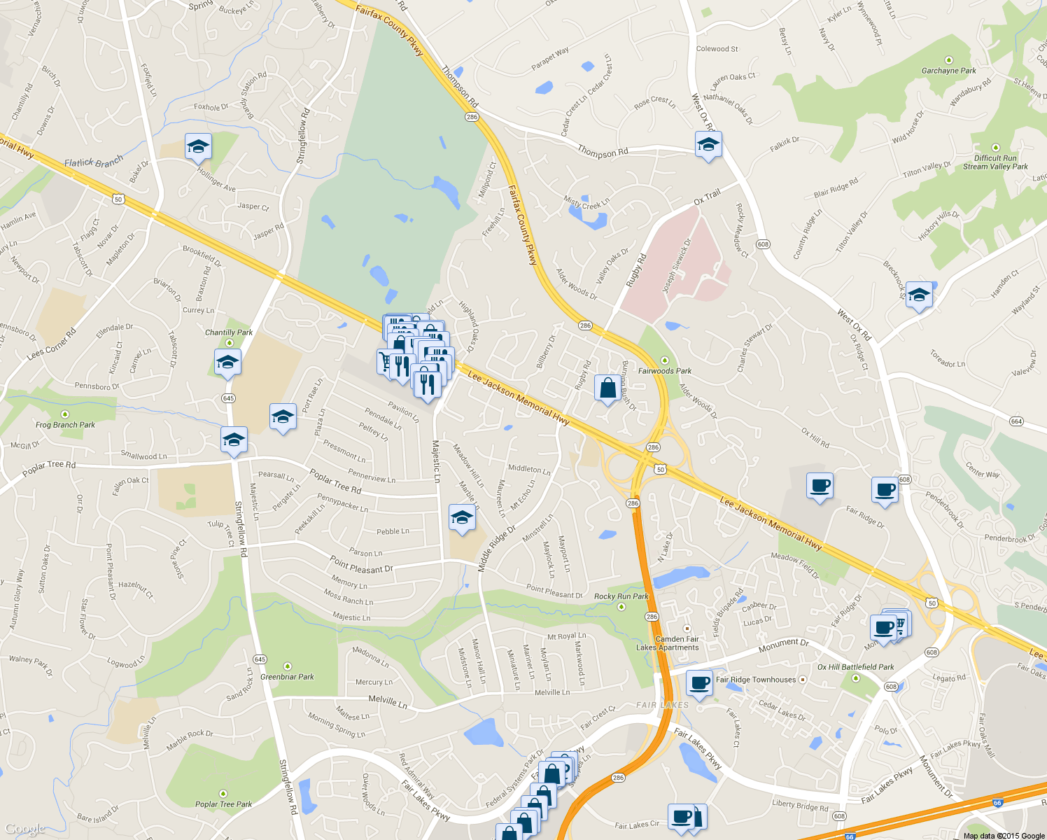 map of restaurants, bars, coffee shops, grocery stores, and more near 4077 Britwell Place in Fairfax