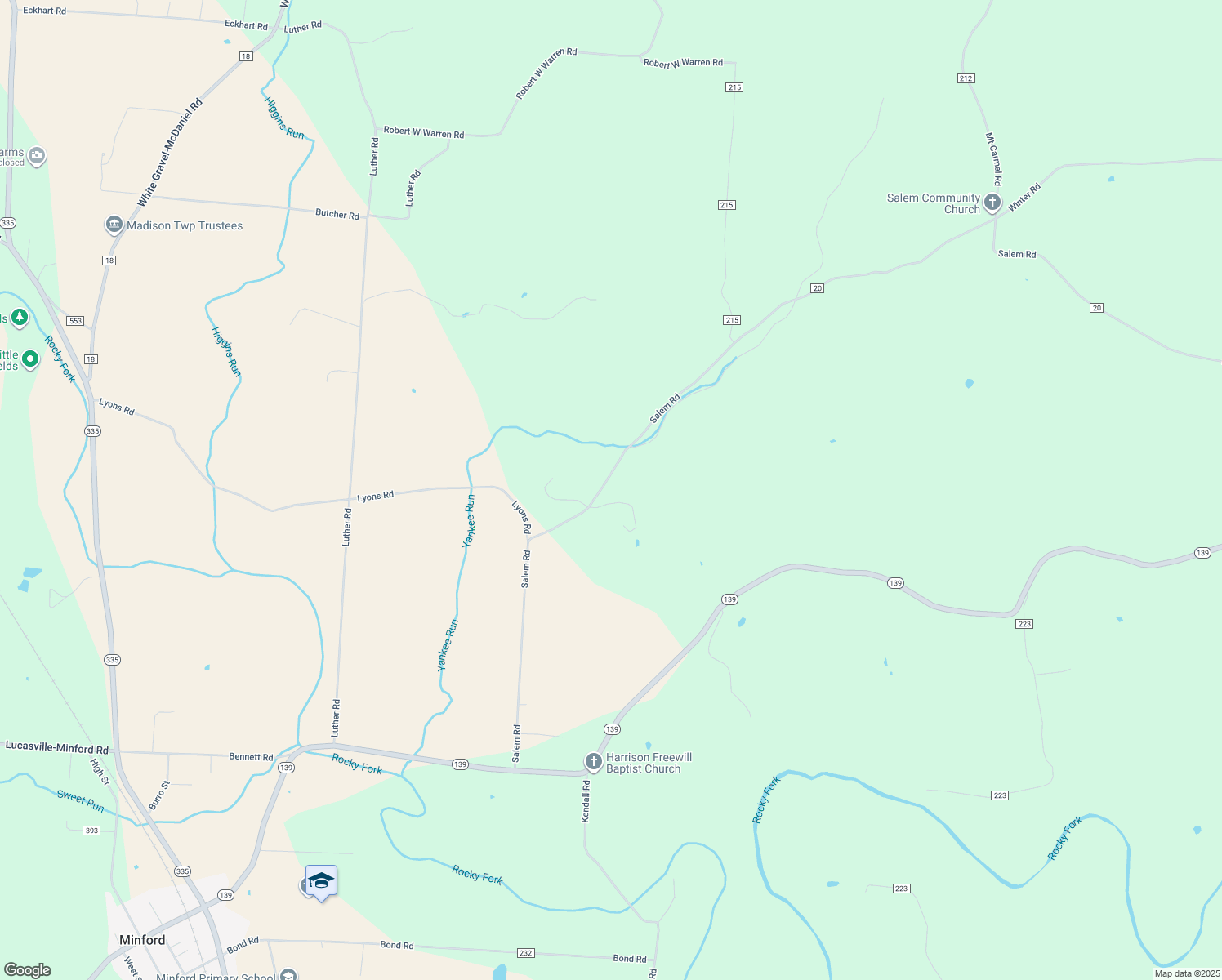 map of restaurants, bars, coffee shops, grocery stores, and more near 896 Salem Road in Minford