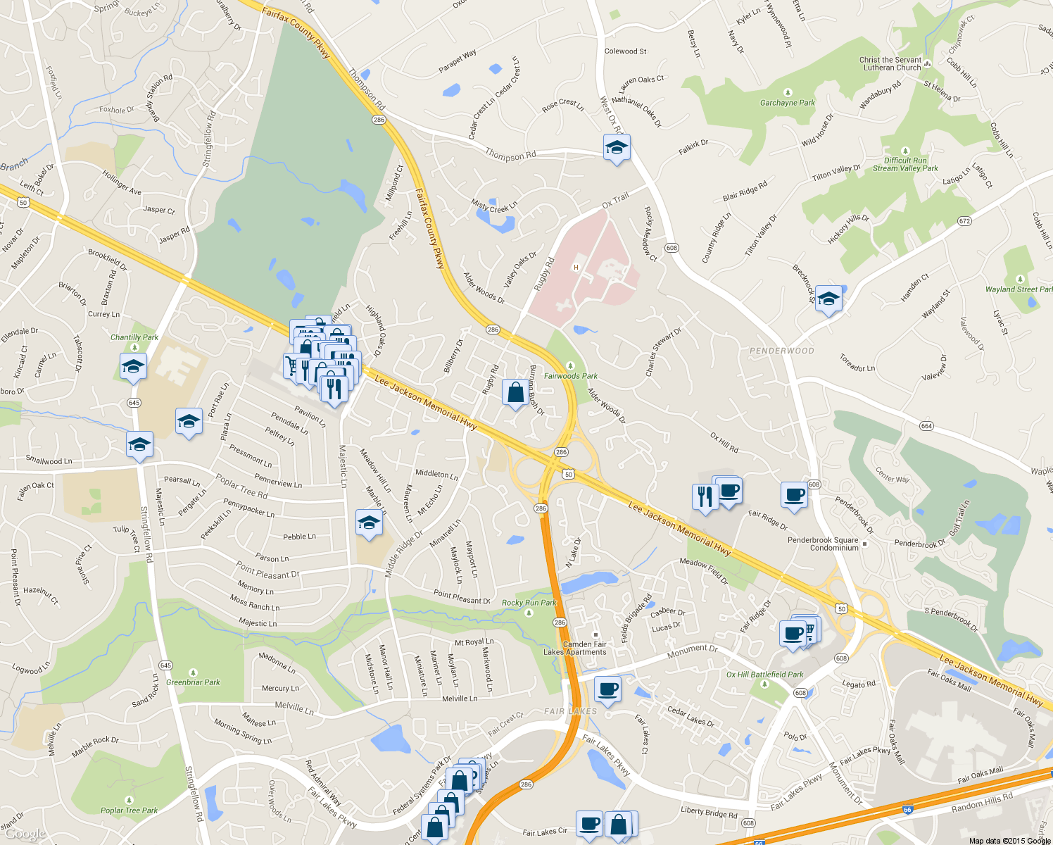 map of restaurants, bars, coffee shops, grocery stores, and more near 3962 Rosebay Court in Fairfax