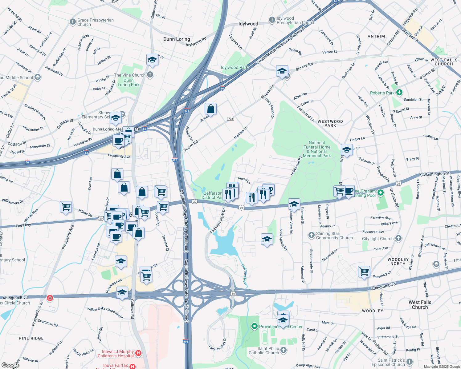 map of restaurants, bars, coffee shops, grocery stores, and more near 2784 Hyson Lane in Falls Church