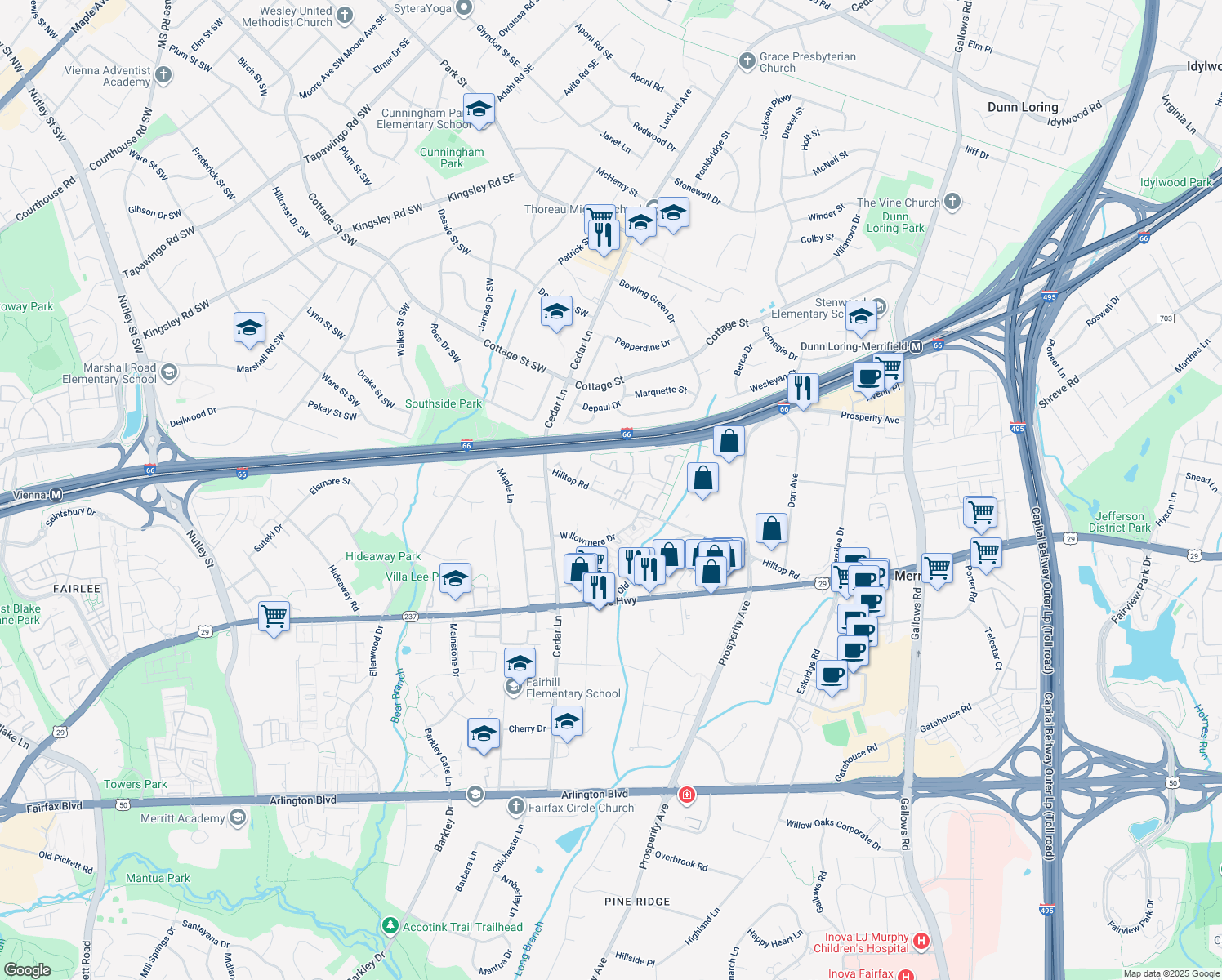 map of restaurants, bars, coffee shops, grocery stores, and more near 2824 Grovemore Lane in Vienna