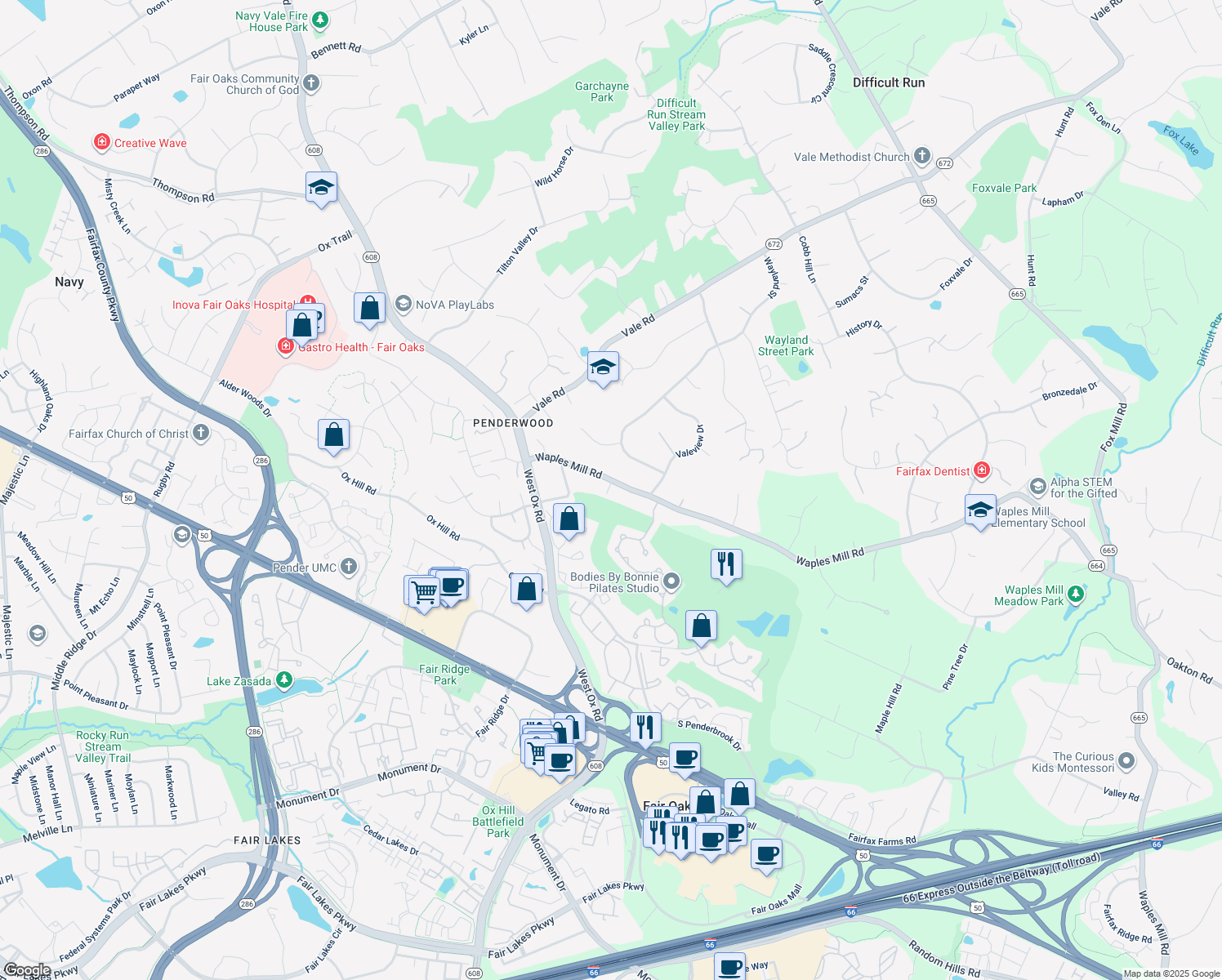 map of restaurants, bars, coffee shops, grocery stores, and more near 12101 Waples Mill Road in Oakton