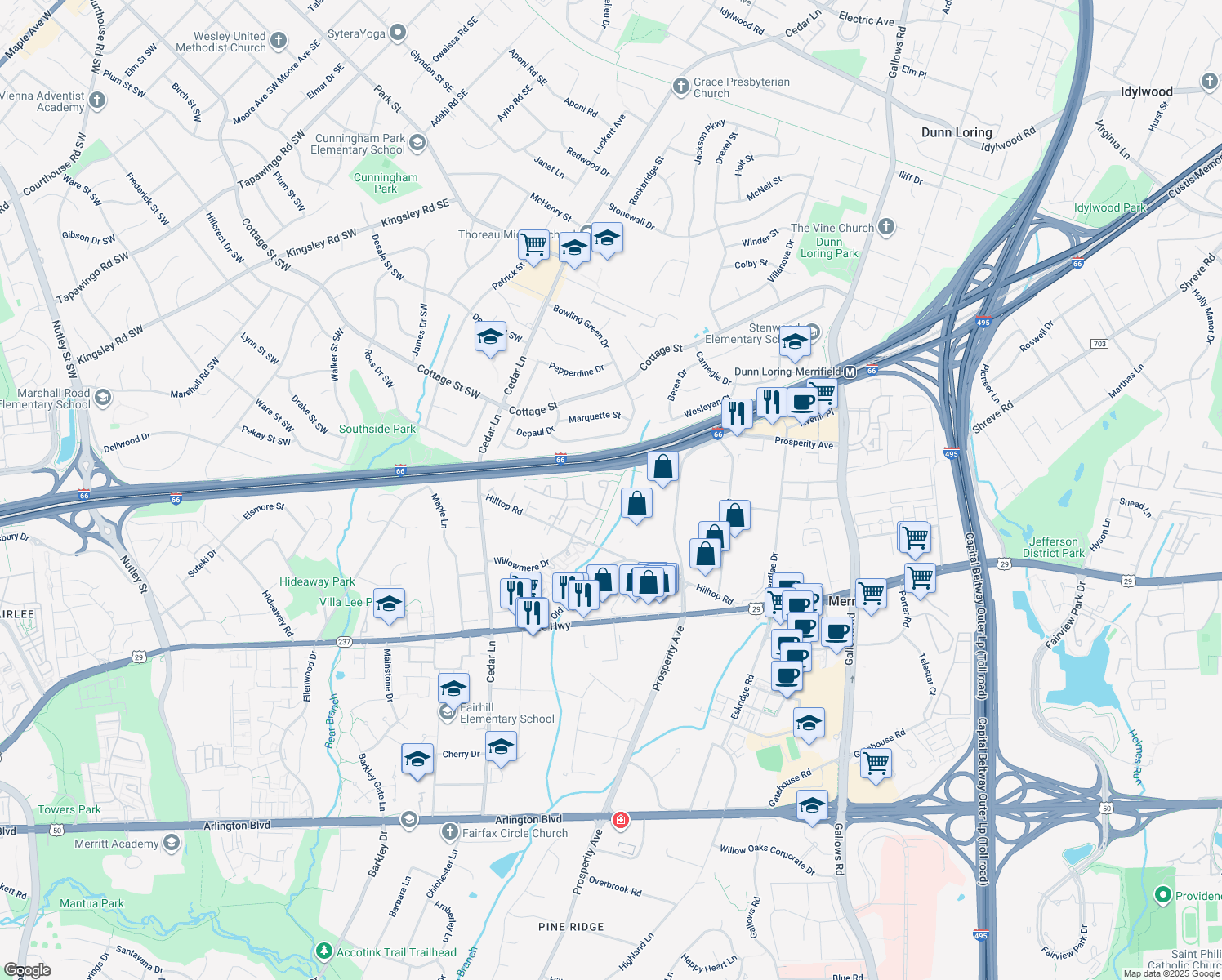 map of restaurants, bars, coffee shops, grocery stores, and more near 2771 Knollside Lane in Vienna