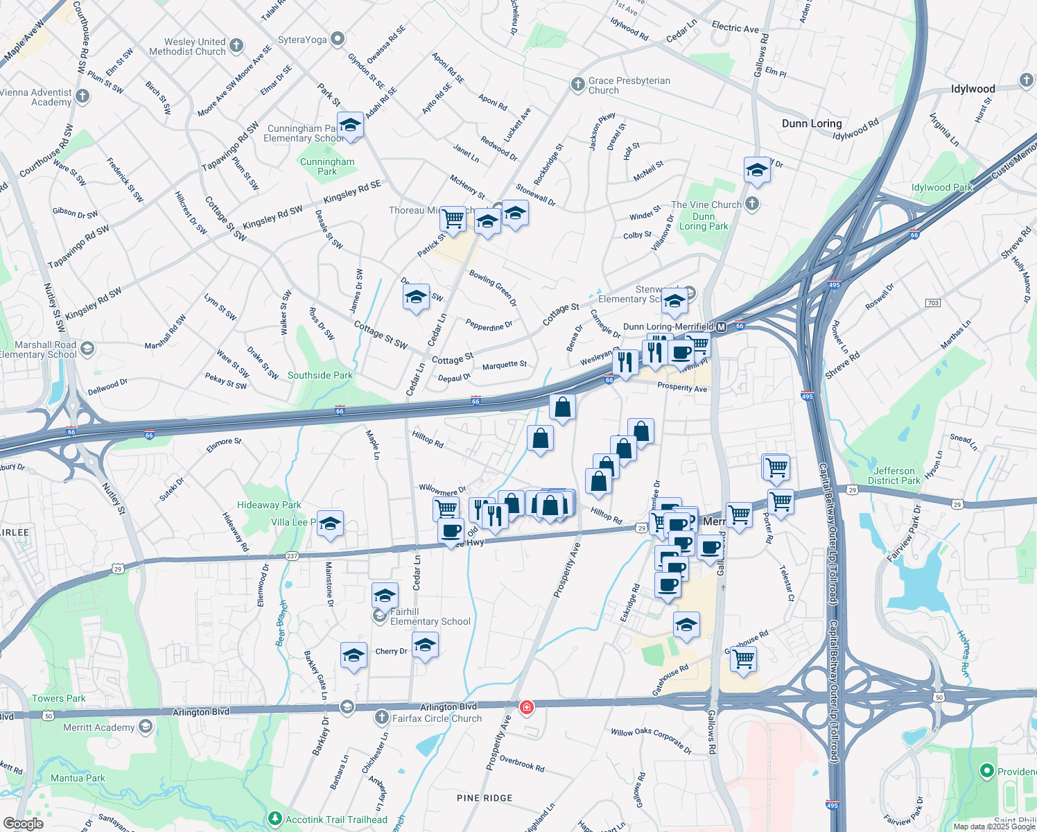map of restaurants, bars, coffee shops, grocery stores, and more near 2755 Knollside Lane in Vienna