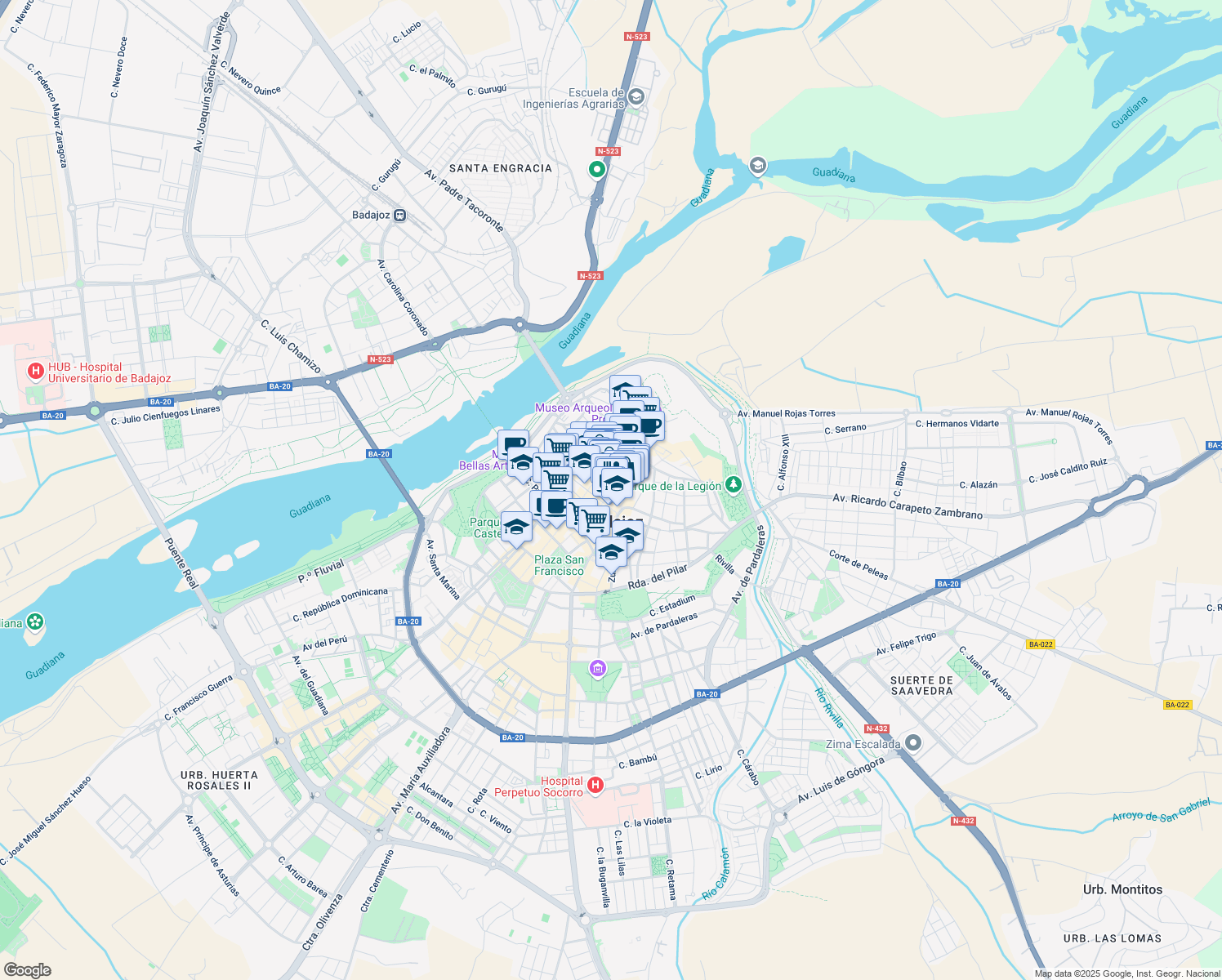 map of restaurants, bars, coffee shops, grocery stores, and more near in Badajoz