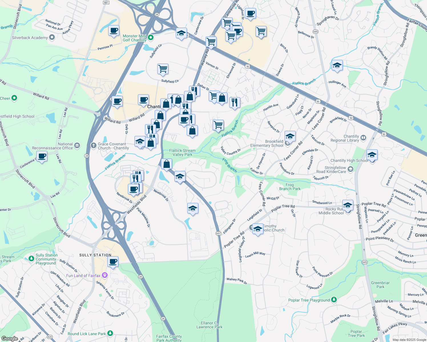map of restaurants, bars, coffee shops, grocery stores, and more near 14072 Eagle Chase Circle in Chantilly