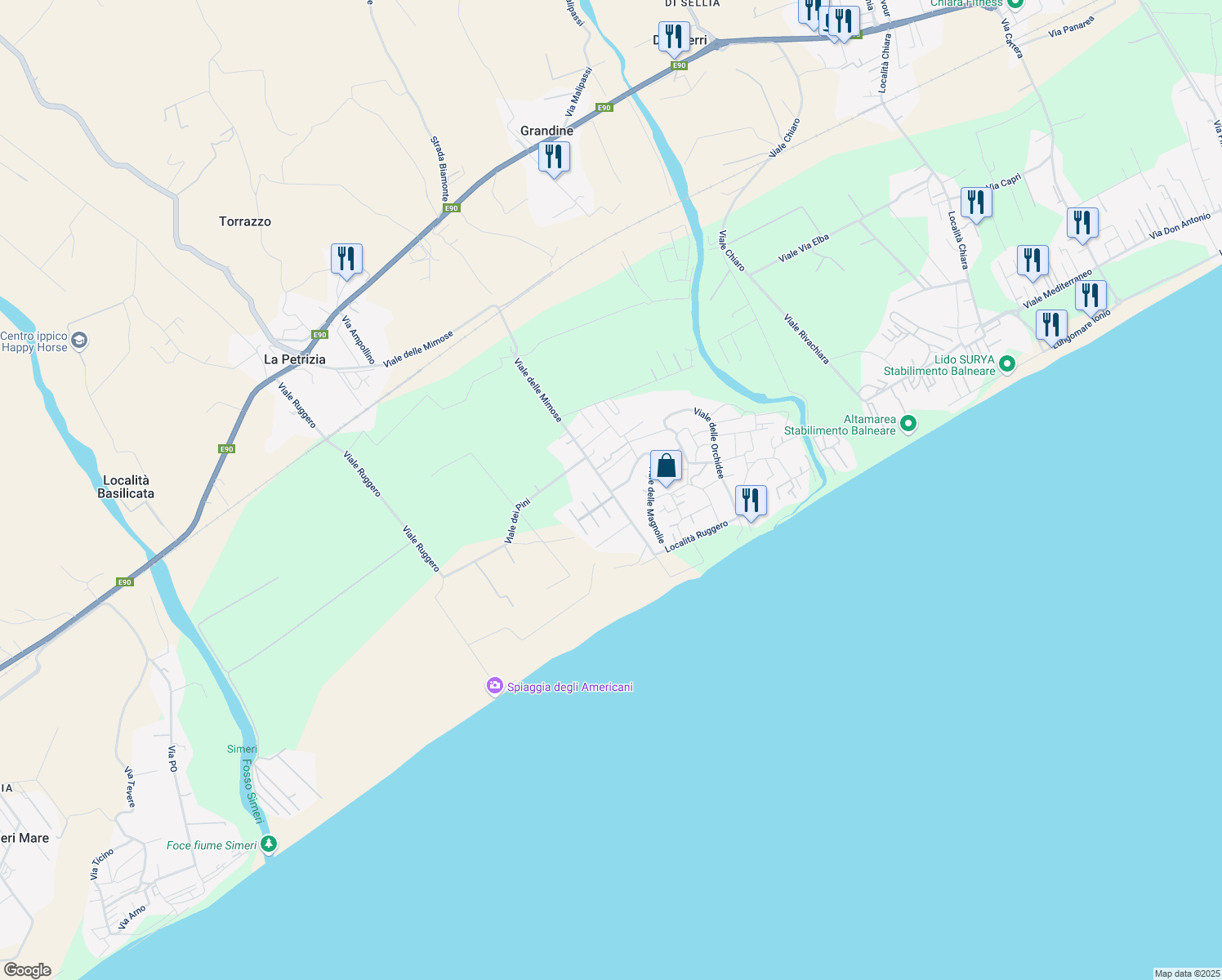 map of restaurants, bars, coffee shops, grocery stores, and more near 18 Viale delle Mimose in Sellia Marina