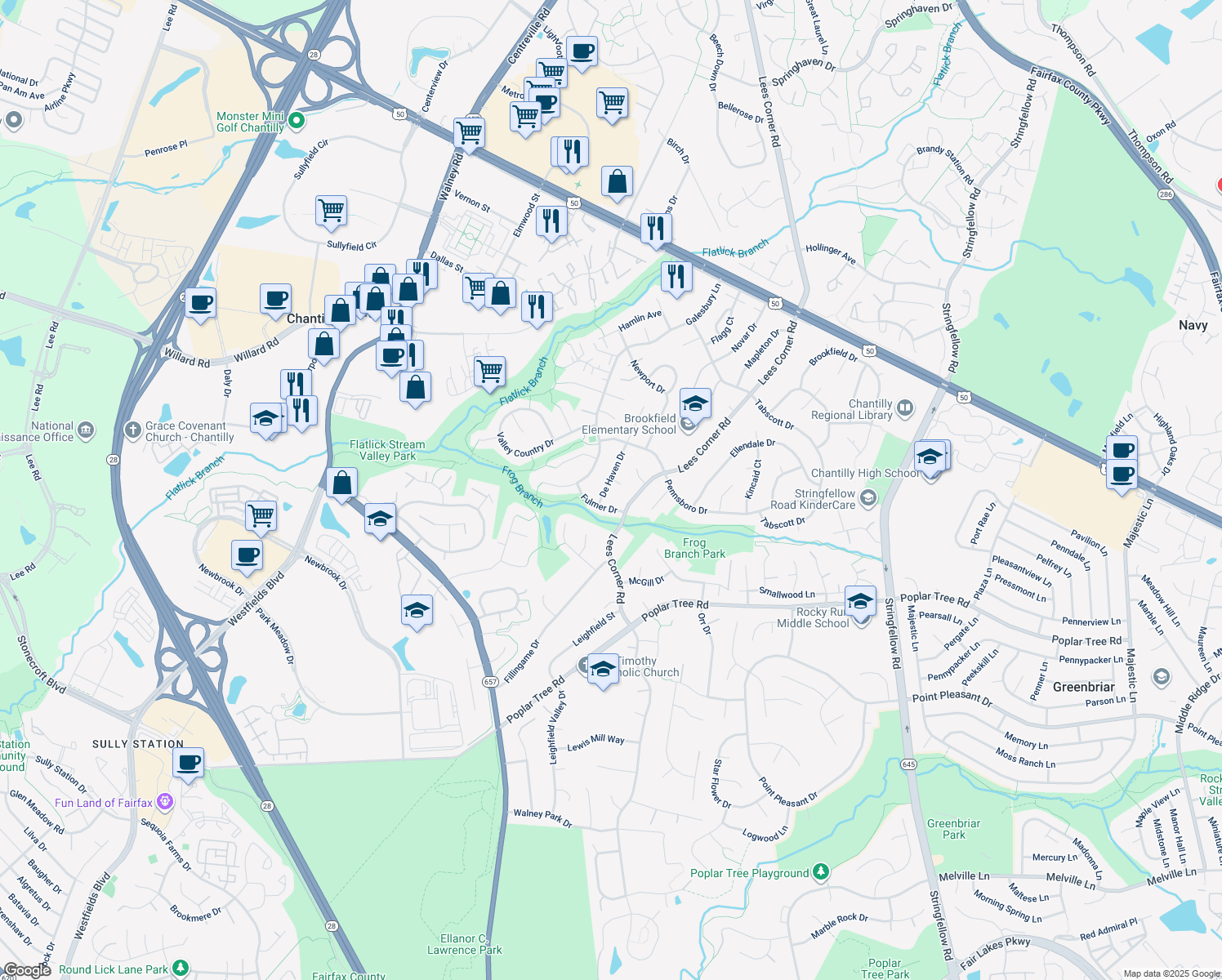 map of restaurants, bars, coffee shops, grocery stores, and more near 4317 De Haven Drive in Chantilly