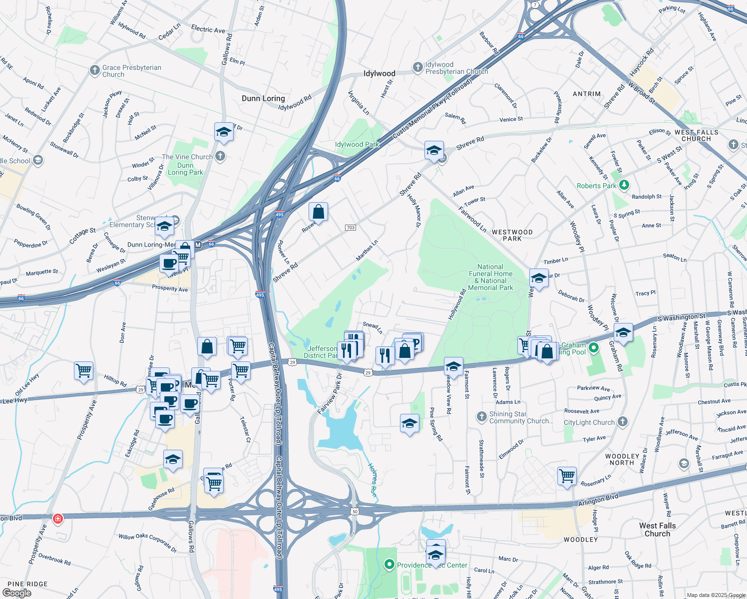 map of restaurants, bars, coffee shops, grocery stores, and more near 2779 January Court in Falls Church