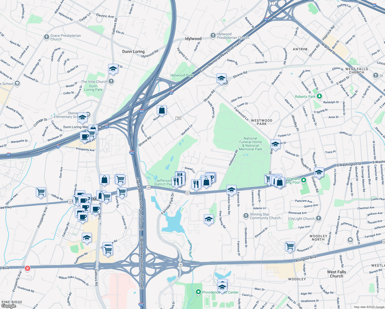 map of restaurants, bars, coffee shops, grocery stores, and more near 2776 Blocker Place in Falls Church