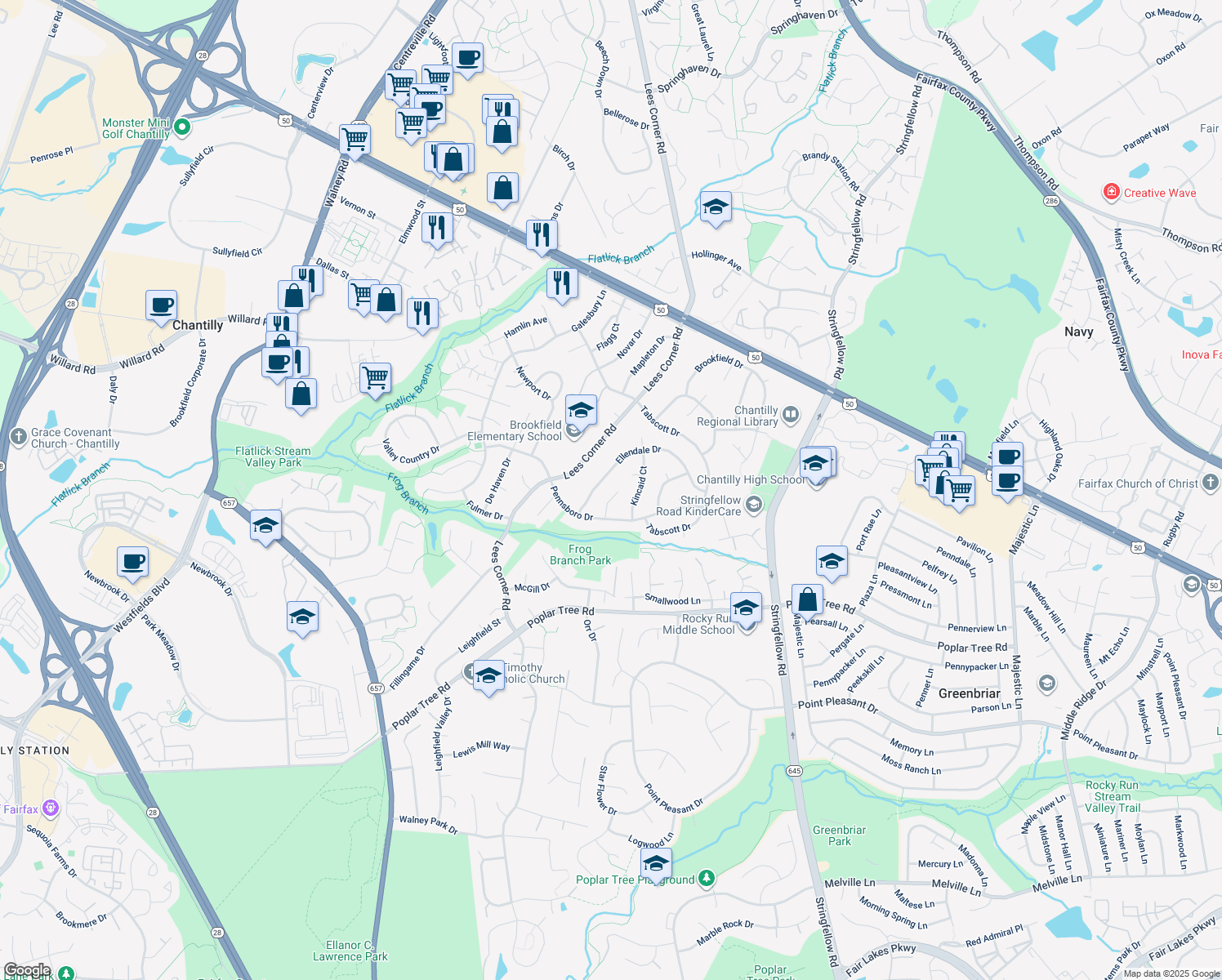 map of restaurants, bars, coffee shops, grocery stores, and more near 4224 Pennsboro Court in Chantilly