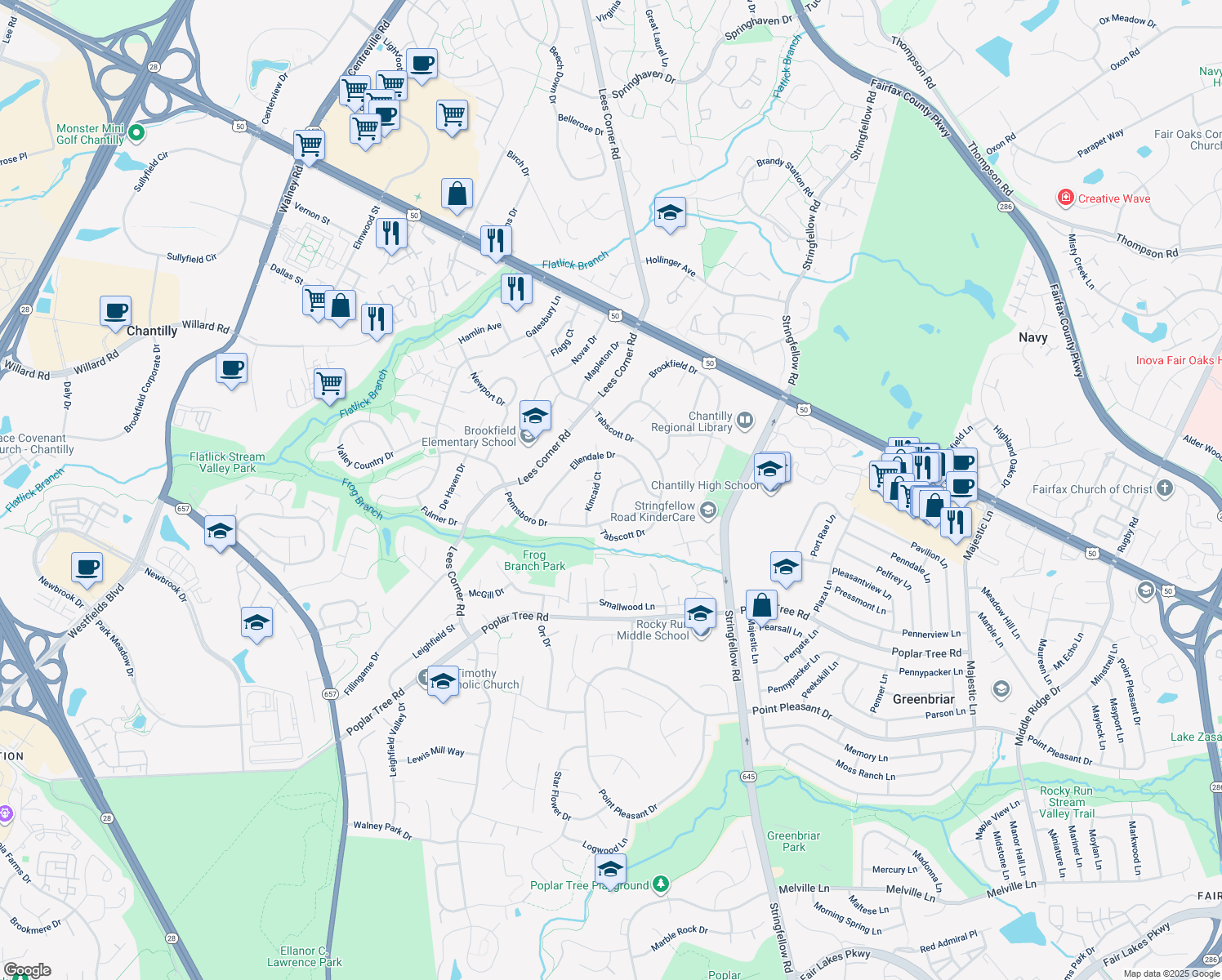 map of restaurants, bars, coffee shops, grocery stores, and more near 13510 Carmel Lane in Chantilly