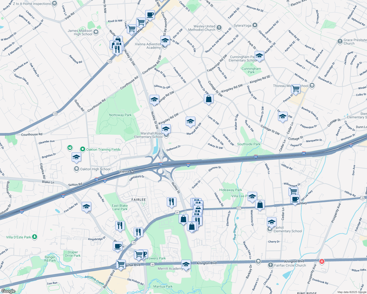 map of restaurants, bars, coffee shops, grocery stores, and more near 9209 Dellwood Drive in Vienna