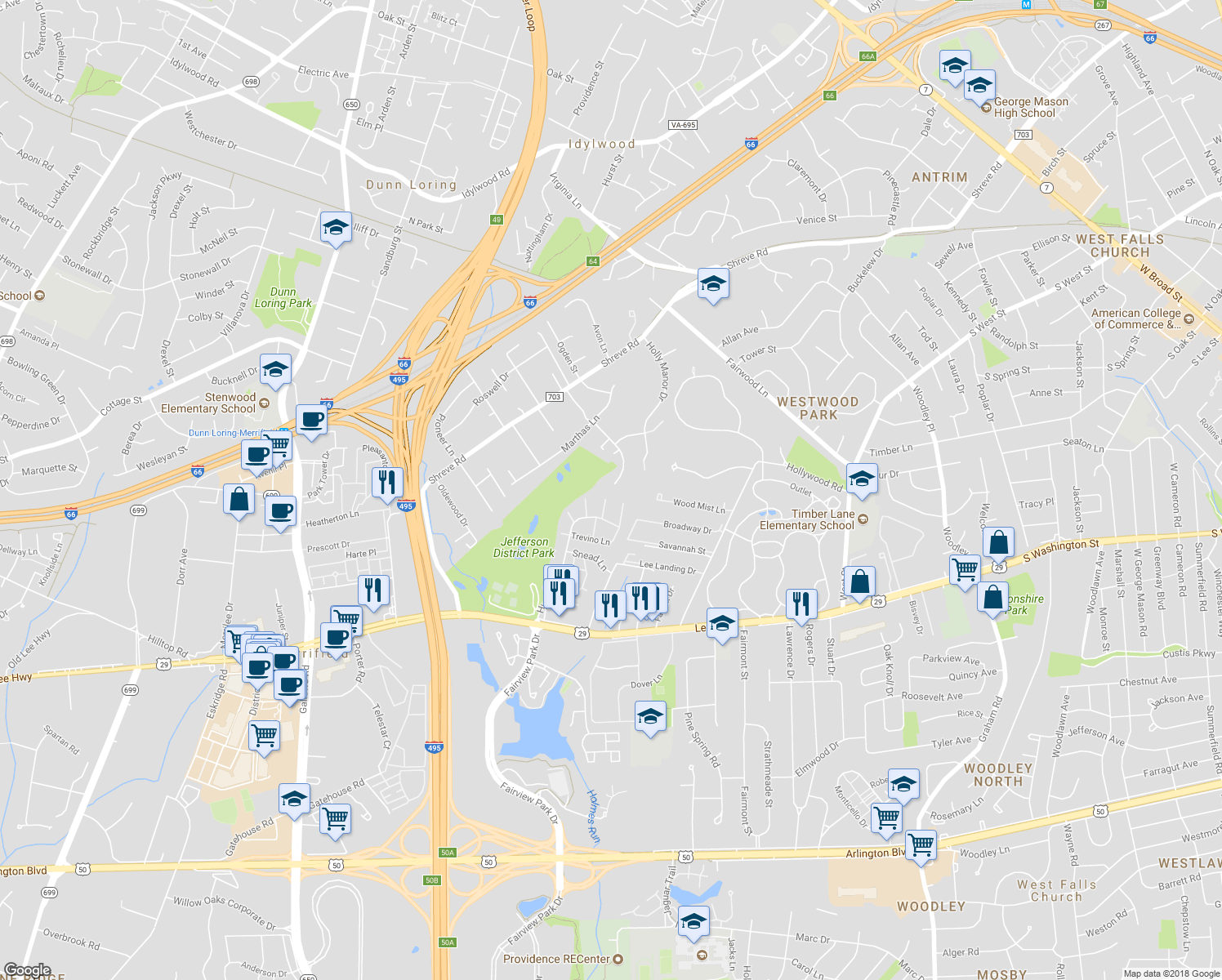 map of restaurants, bars, coffee shops, grocery stores, and more near 2688 Hillsman Street in Falls Church