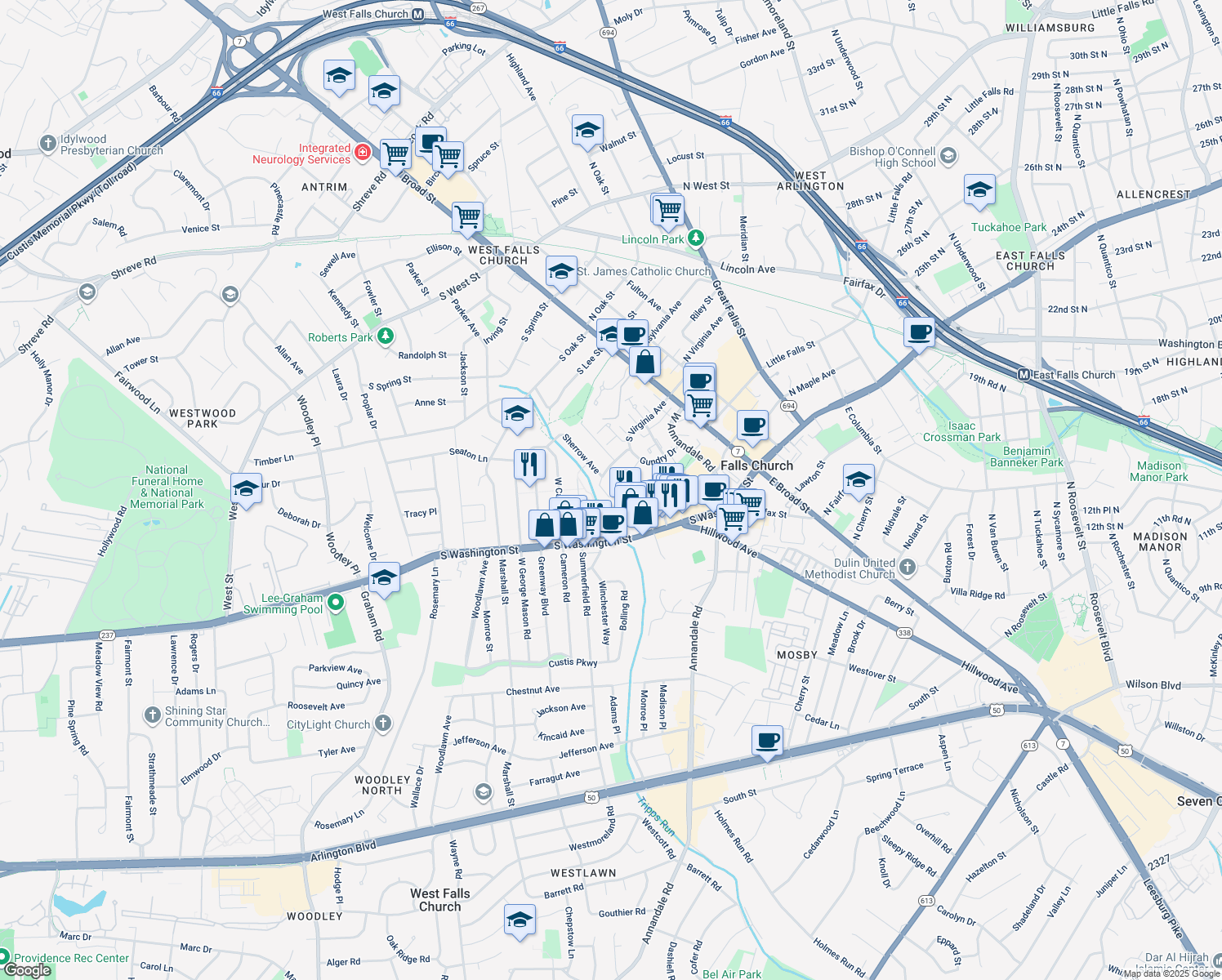 map of restaurants, bars, coffee shops, grocery stores, and more near 411 South Virginia Avenue in Falls Church