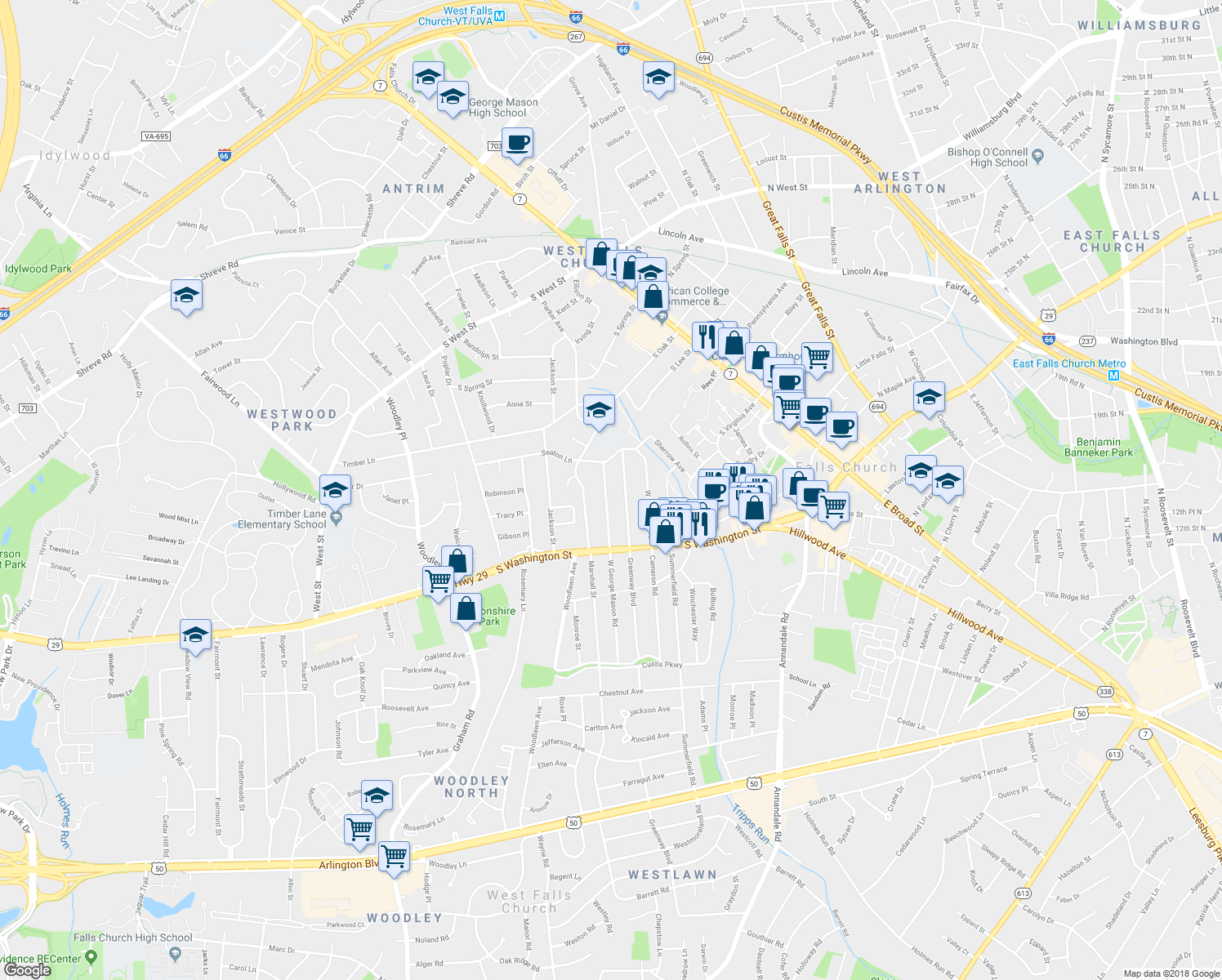 map of restaurants, bars, coffee shops, grocery stores, and more near 202 West George Mason Road in Falls Church