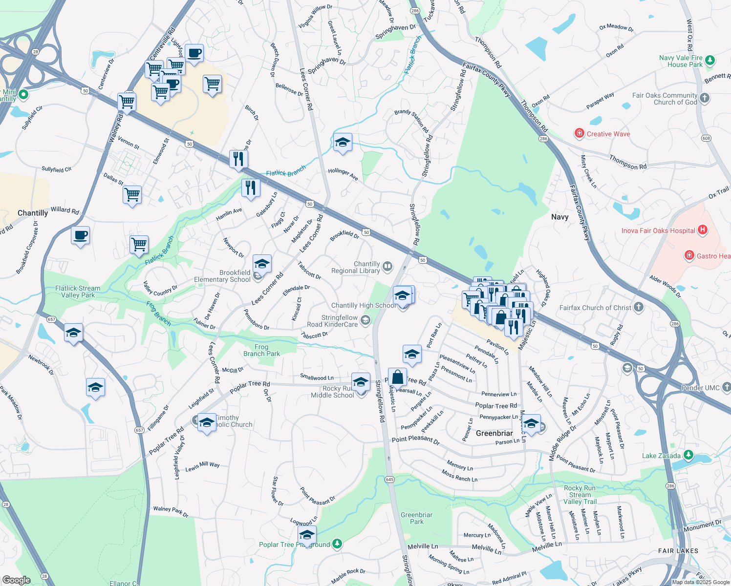 map of restaurants, bars, coffee shops, grocery stores, and more near 13379 Brookfield Court in Chantilly