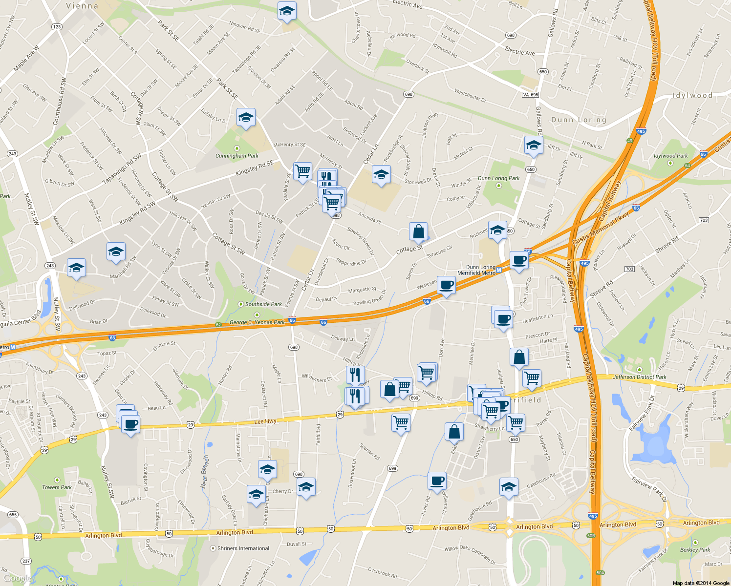 map of restaurants, bars, coffee shops, grocery stores, and more near 8511 Marquette Street in Vienna