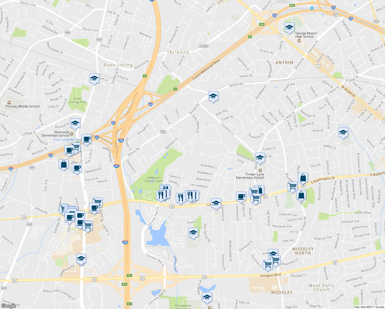 map of restaurants, bars, coffee shops, grocery stores, and more near 2615 Holly Manor Drive in Falls Church