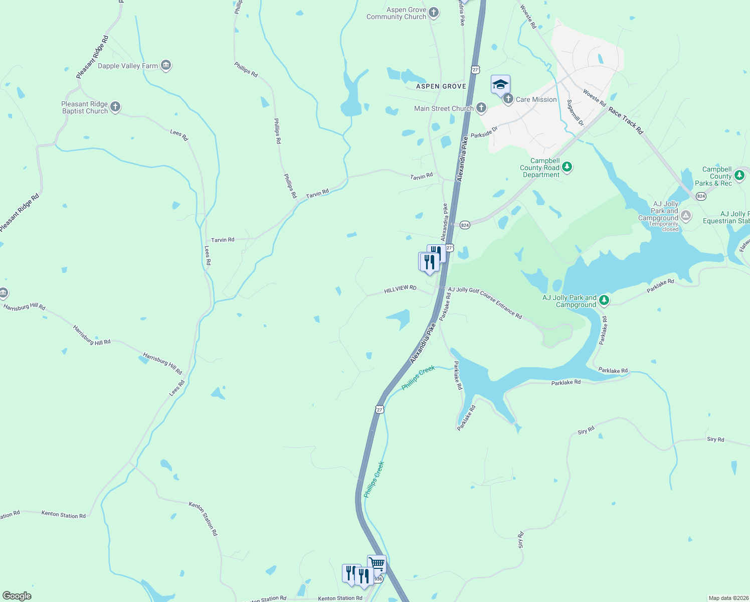 map of restaurants, bars, coffee shops, grocery stores, and more near 891 Hillview Drive in Alexandria