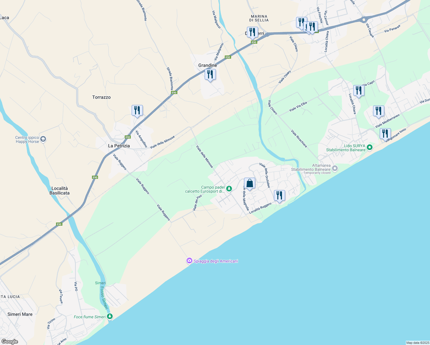 map of restaurants, bars, coffee shops, grocery stores, and more near 18 Viale delle Mimose in Sellia Marina