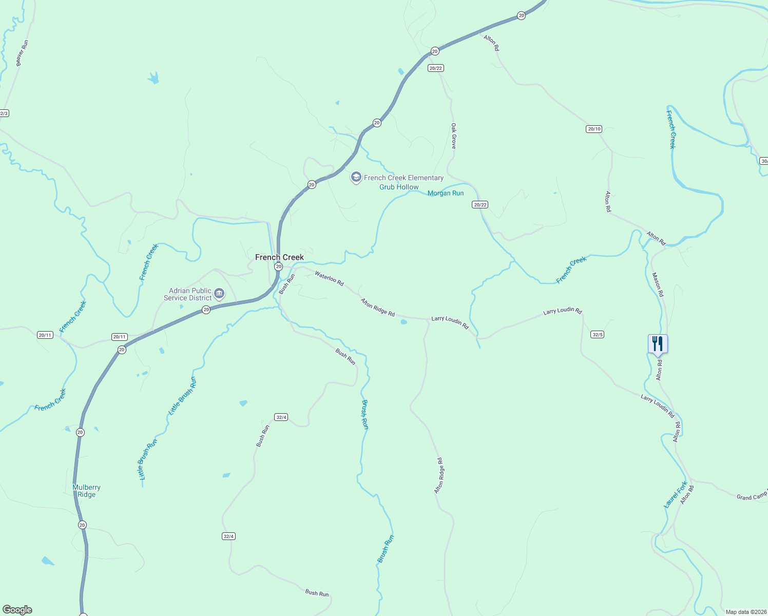 map of restaurants, bars, coffee shops, grocery stores, and more near 491 Waterloo Road in French Creek