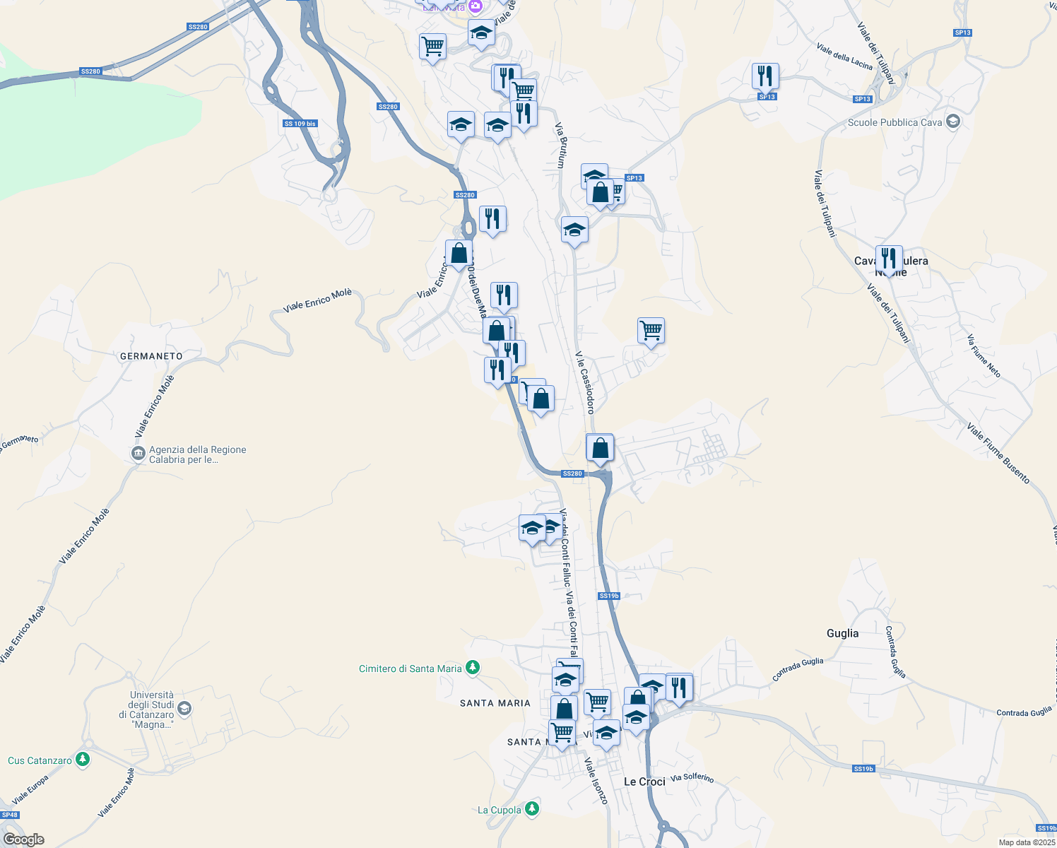 map of restaurants, bars, coffee shops, grocery stores, and more near 18 Viale Lucrezia della Valle in Catanzaro