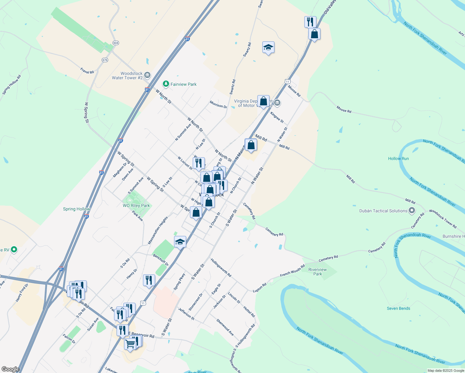 map of restaurants, bars, coffee shops, grocery stores, and more near 149 North Church Street in Woodstock