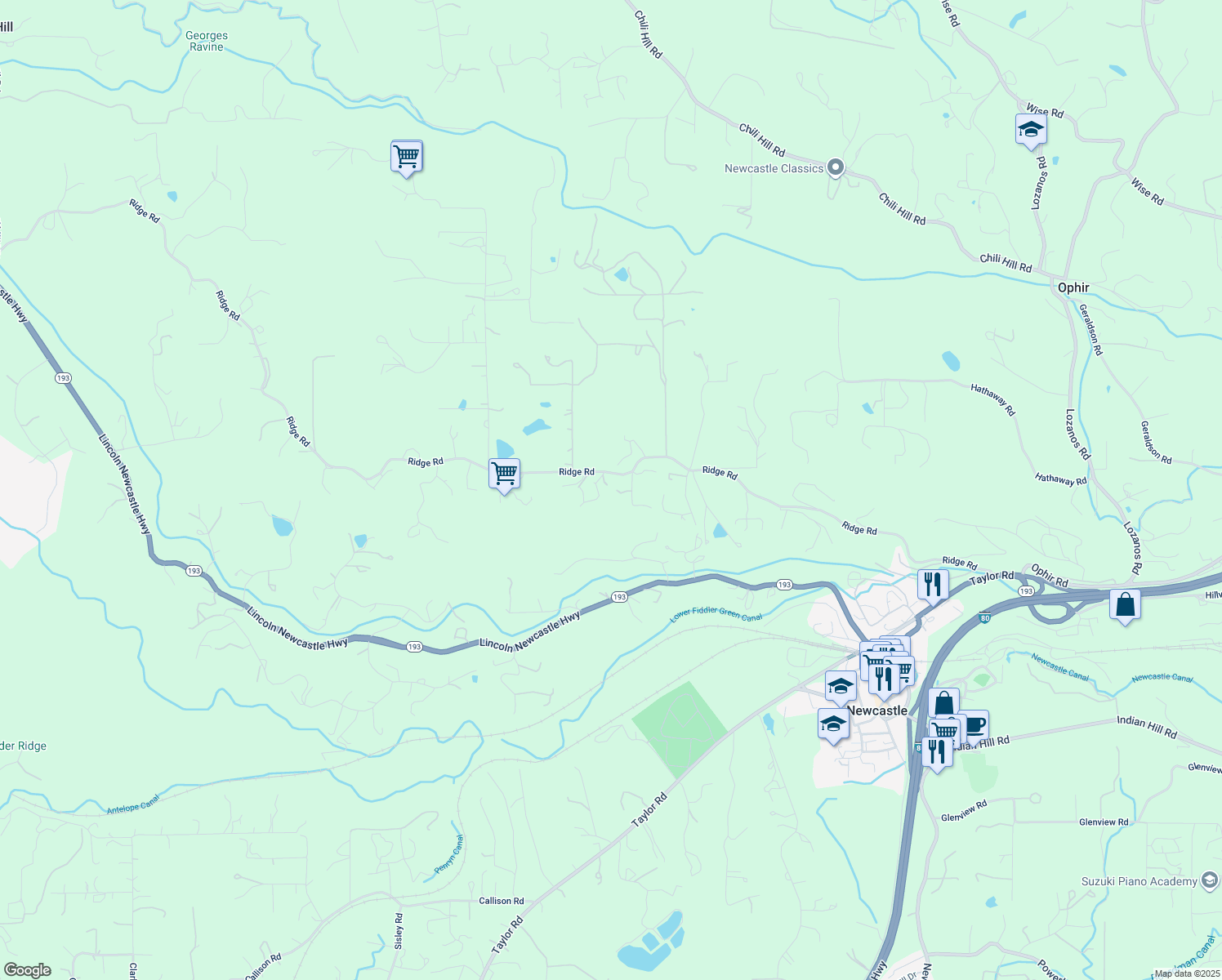 map of restaurants, bars, coffee shops, grocery stores, and more near 8400 Ridge Road in Newcastle