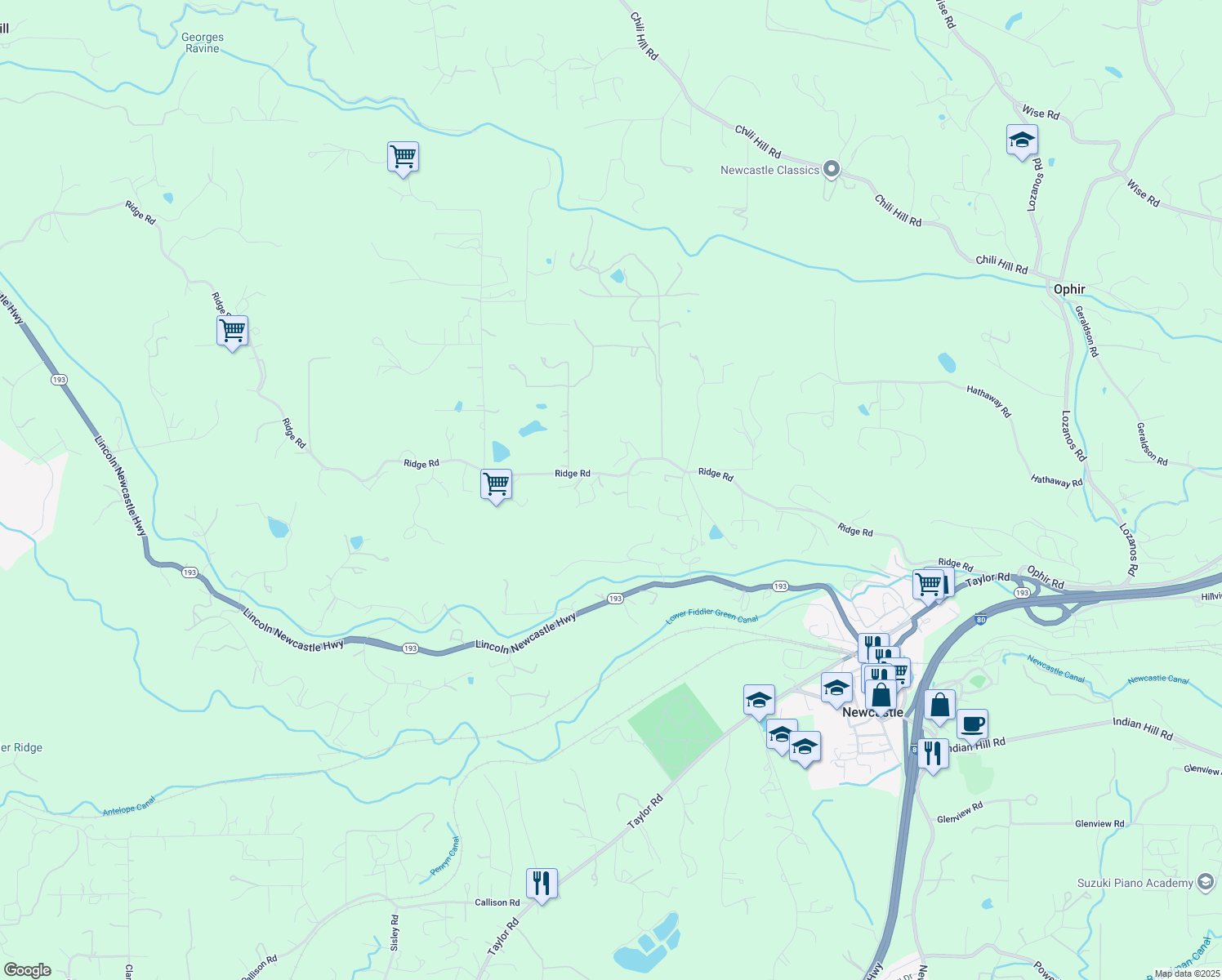 map of restaurants, bars, coffee shops, grocery stores, and more near 8400 Ridge Road in Newcastle