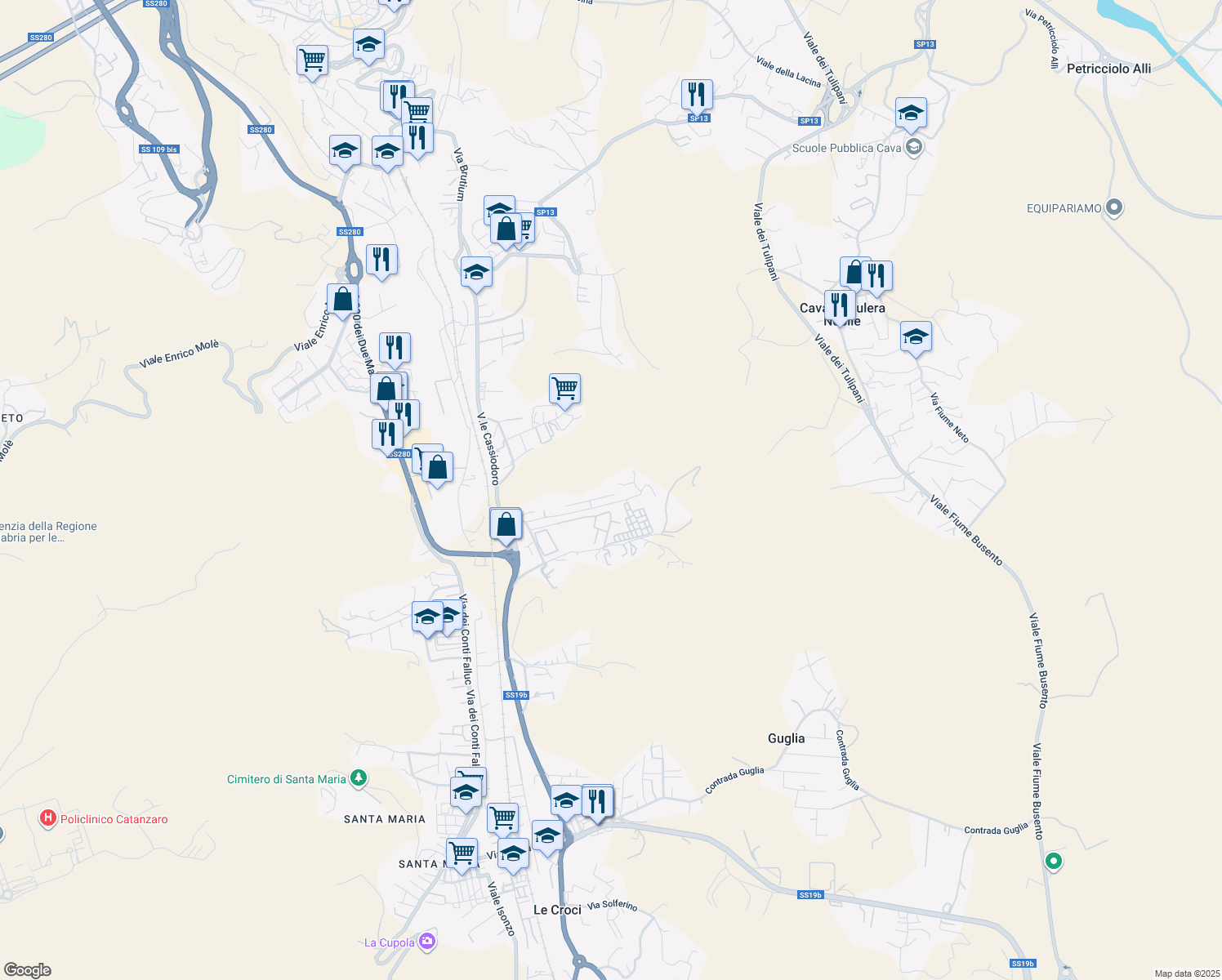 map of restaurants, bars, coffee shops, grocery stores, and more near 67 Via Ugo Ortona in Catanzaro