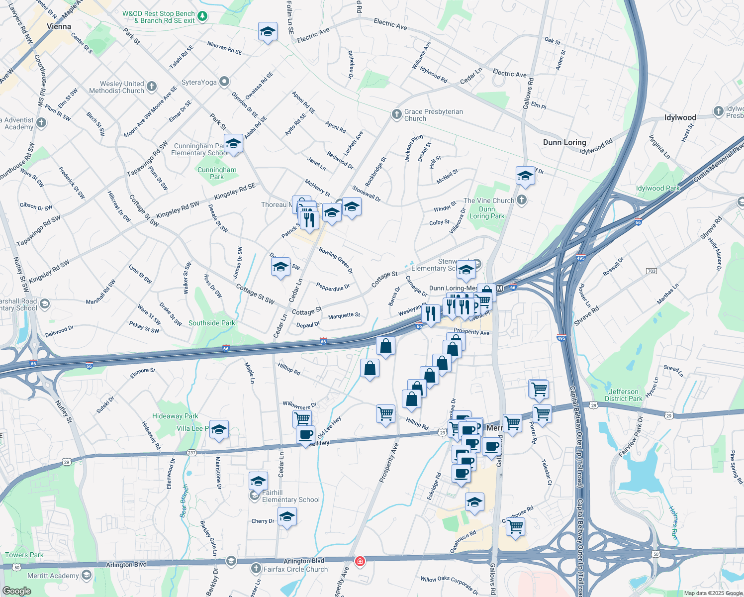 map of restaurants, bars, coffee shops, grocery stores, and more near 8426 Bowling Green Court in Vienna